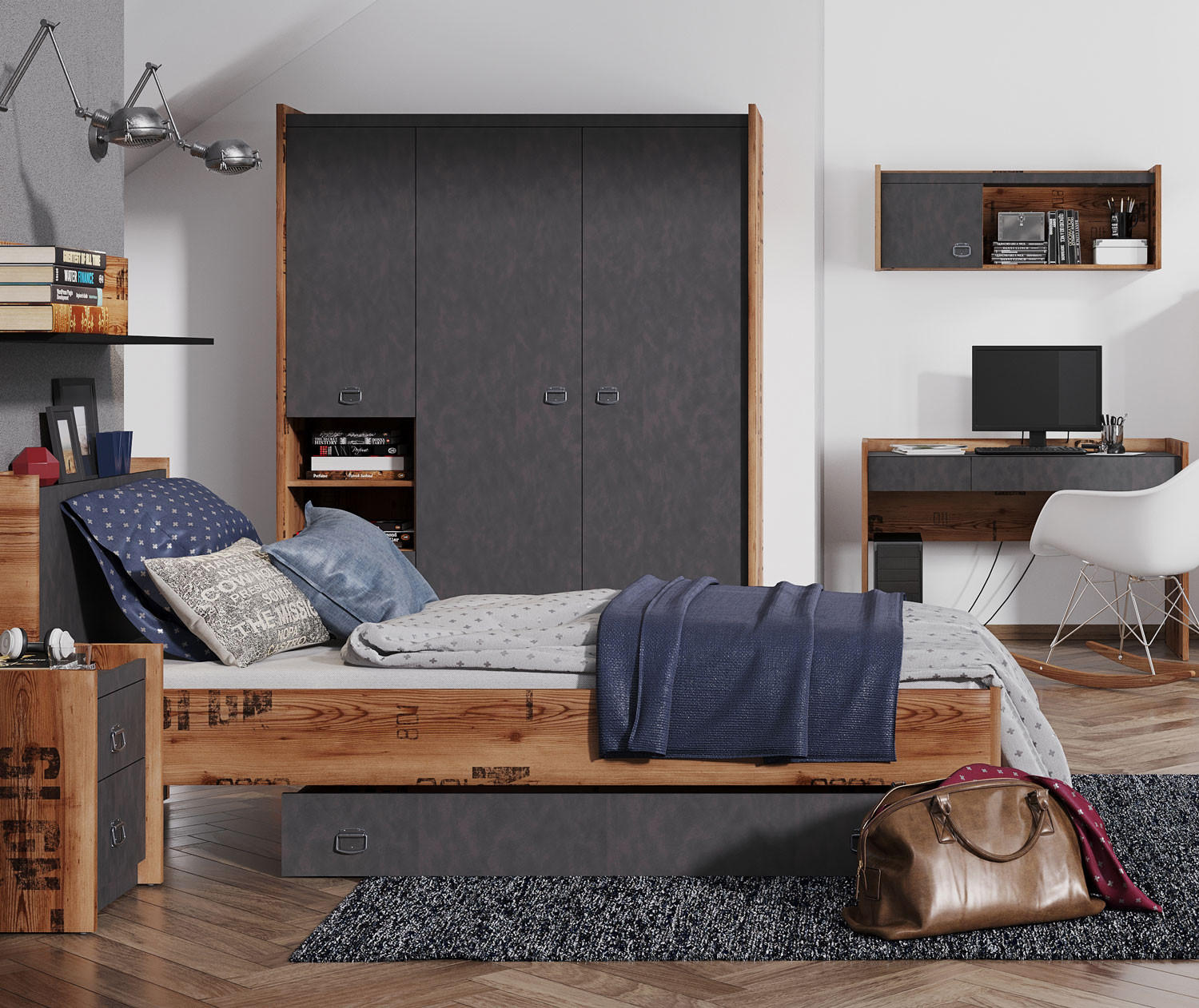 JUGENDZIMMER-SET Fargo Canyon Alpine Spruce / Raw Steel 641 / 218 / 191cm 7-teilig - Braun/Grau, Holz/Holzwerkstoff (641/191/218cm) - Feldmann-Wohnen
