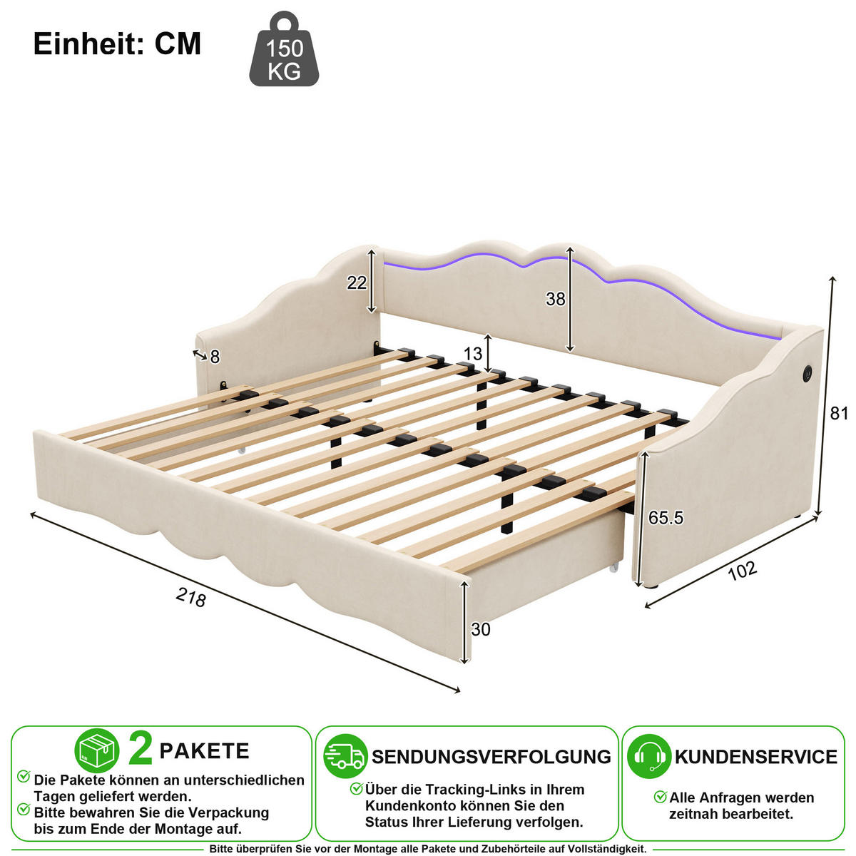 POLSTERBETT 90/200 cm in Beige Samt mit Ausziehfunktion, LED und USB - Beige, Holzwerkstoff/Textil (90/200cm) - CHICFURN