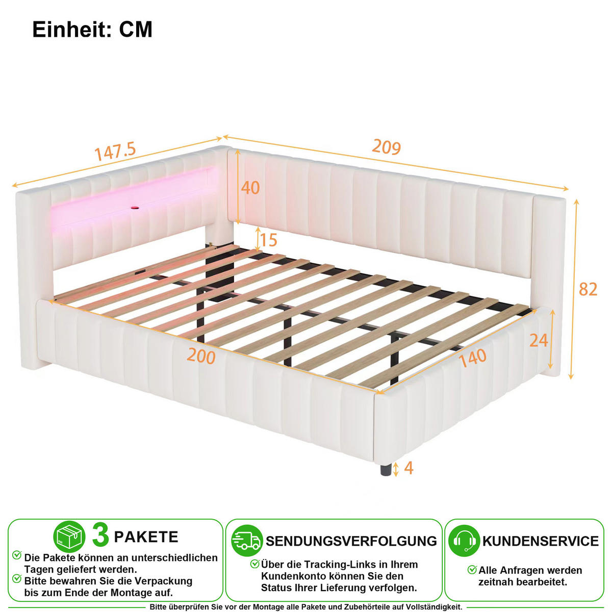 SCHLAFSOFA 140/200 cm in Beige Samt mit LED und USB - Beige, Holzwerkstoff/Textil (140/200cm) - CHICFURN