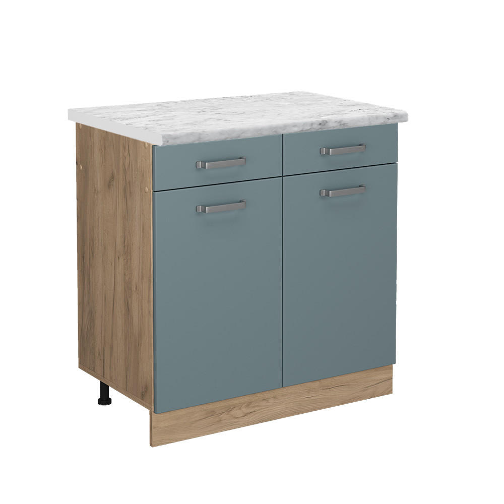 KÜCHENUNTERSCHRANK R-Line Blau-Grau 80 cm AP Marmor - Eiche Wotan/Blaugrau, Holzwerkstoff (80/81.6/60cm) - Vicco