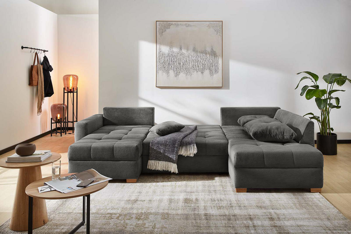 WOHNLANDSCHAFT mit Schlaffunktion und Bettkasten, spiegelverkehrt montierbar U-Form B313/T200/H92 cm, Cord Grau Anthrazit / 15220 - Schieferfarben/Eichefarben, Holz/Textil (313/92/200cm) - luma-home