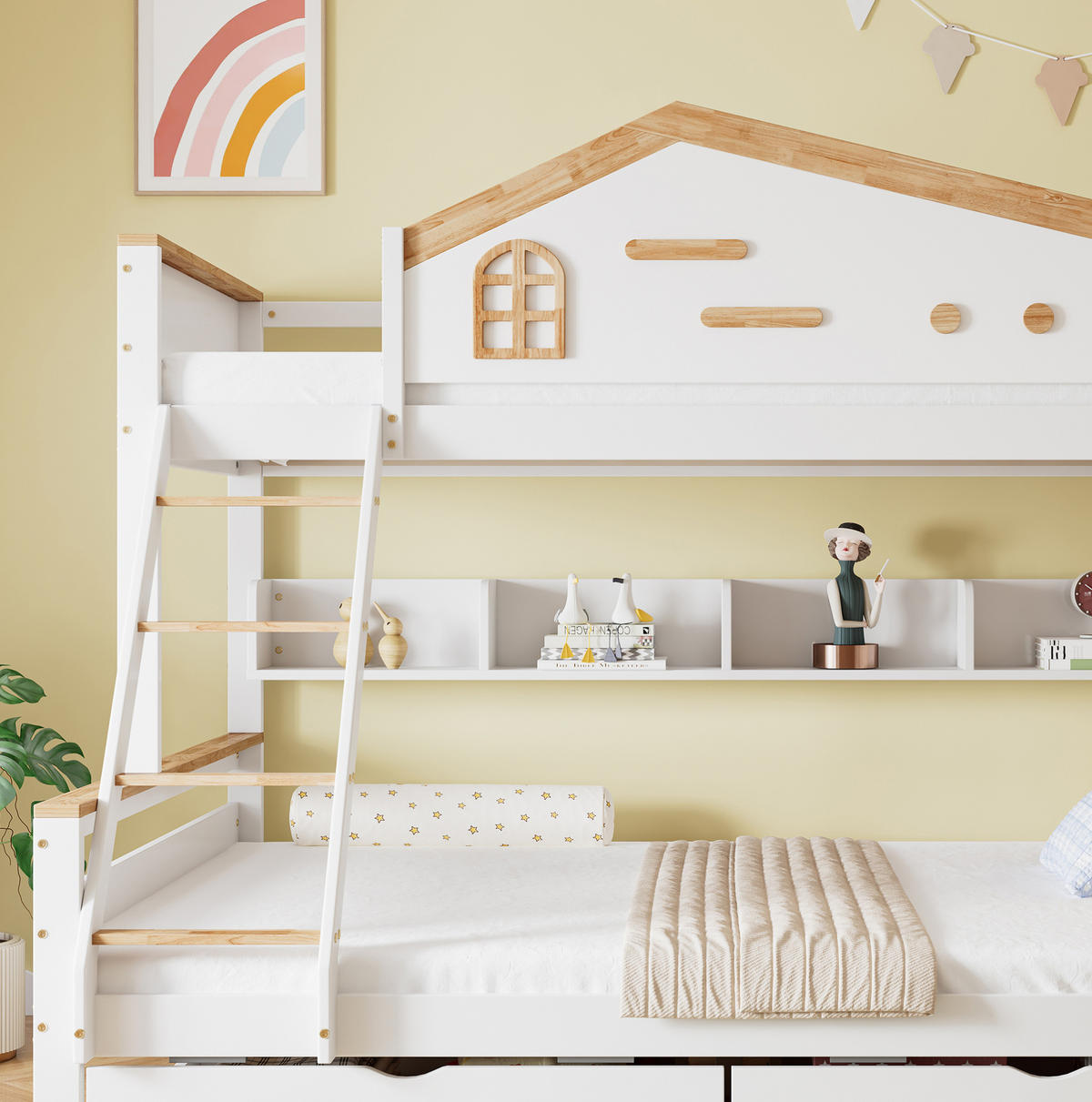 ETAGENBETT aus Kiefer und MDF 90x200/140x200 cm Weiß/Natur mit Schubladen, Regal und vierstufiger Schrägleiter - Weiß, Holzwerkstoff (90/200cm) - Modfu