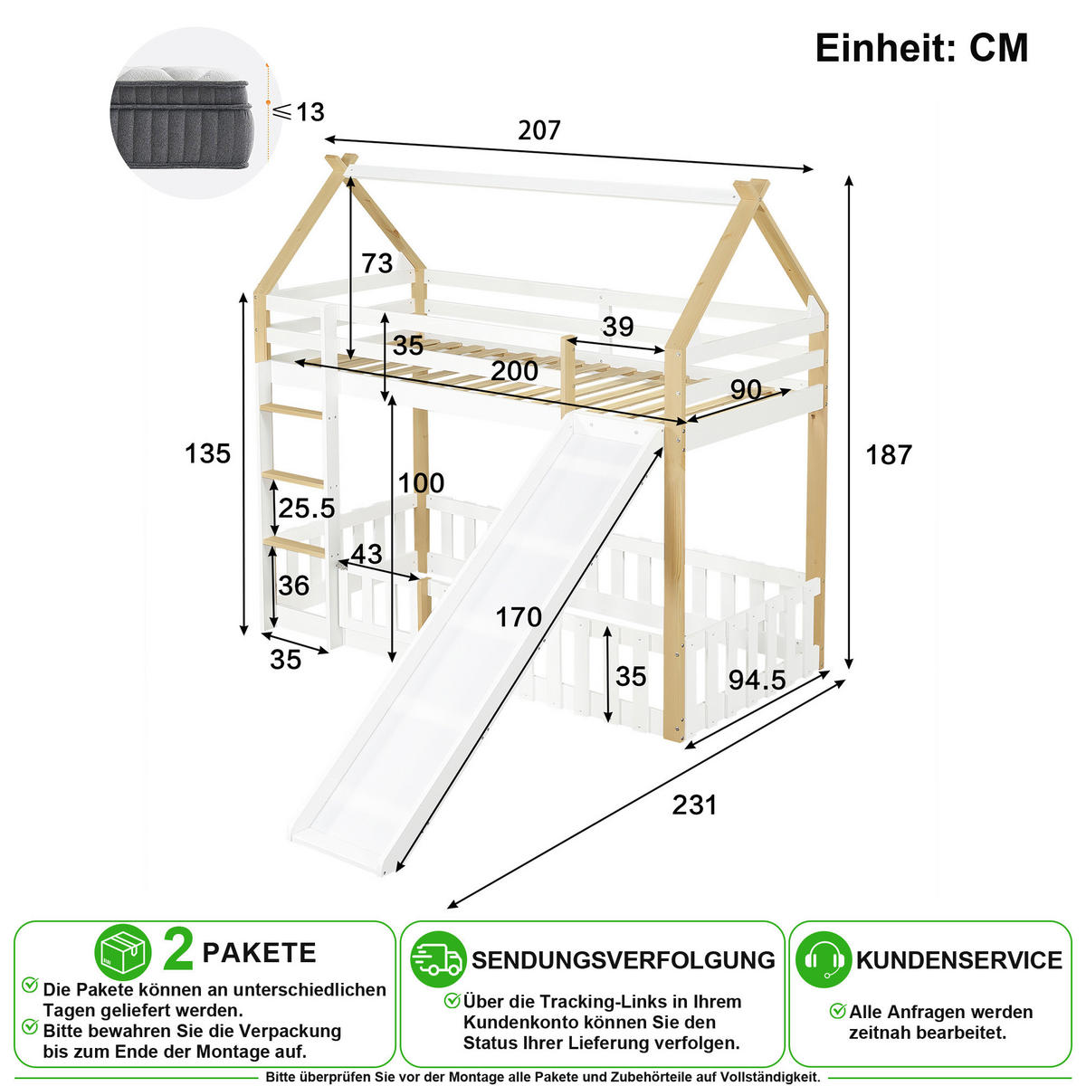 VYVÝŠENÁ POSTEL 90/200 cm v bílé a přírodní barvě se skluzavkou - bílá, dřevo/kompozitní dřevo (90/200cm) - CHICFURN