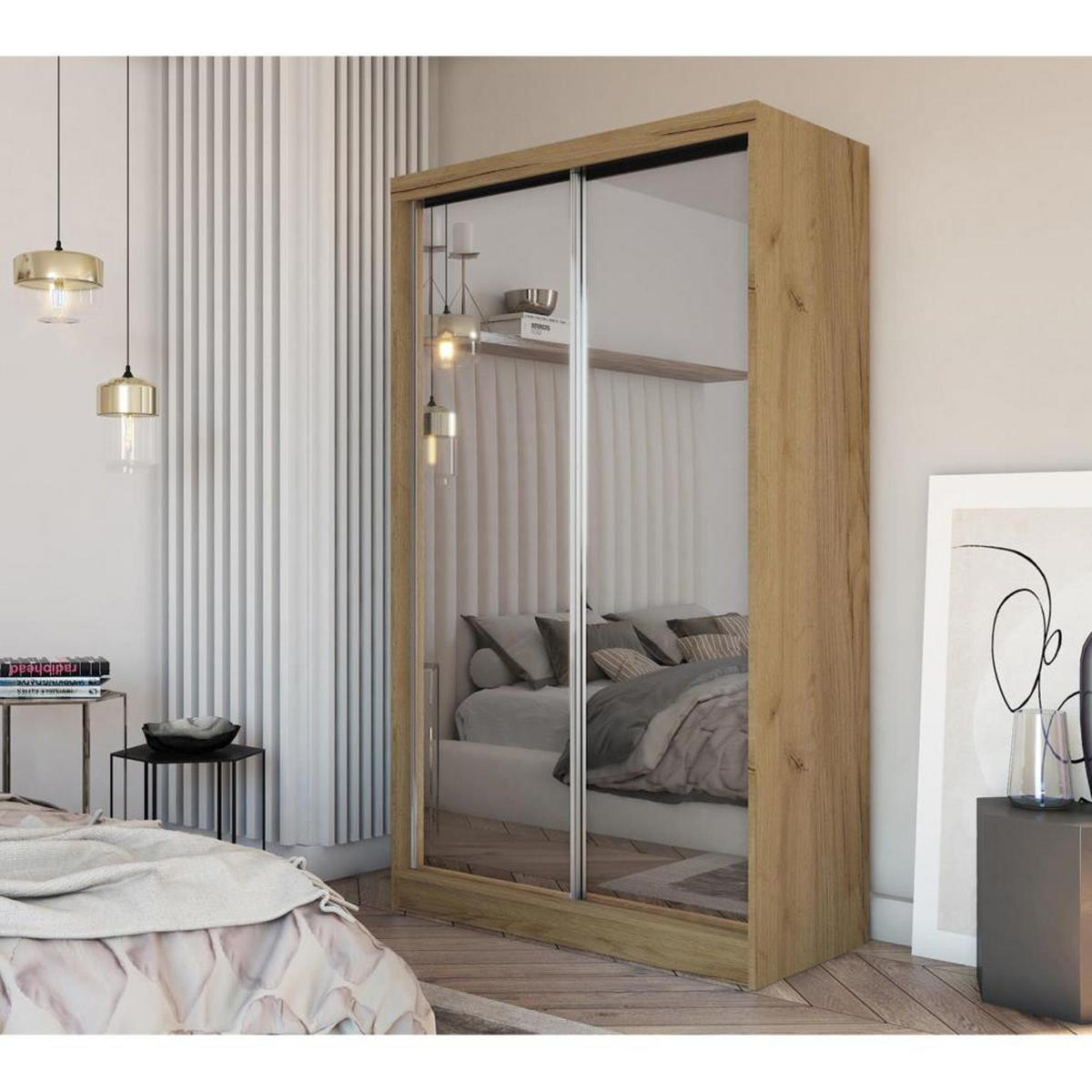 SCHWEBETÜRENSCHRANK Debra 150/216/61 eiche Artisan mit Spiegel - Eiche Artisan, Holzwerkstoff (150/216/61cm) - Beautysofa
