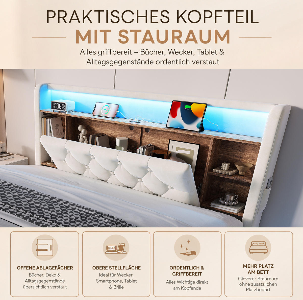 POLSTERBETT aus Samt 140x200 cm Beige mit Bettkasten, LED-Beleuchtung und USB-/Type-C-Anschlüssen - Beige, Textil (140/200cm) - Modfu