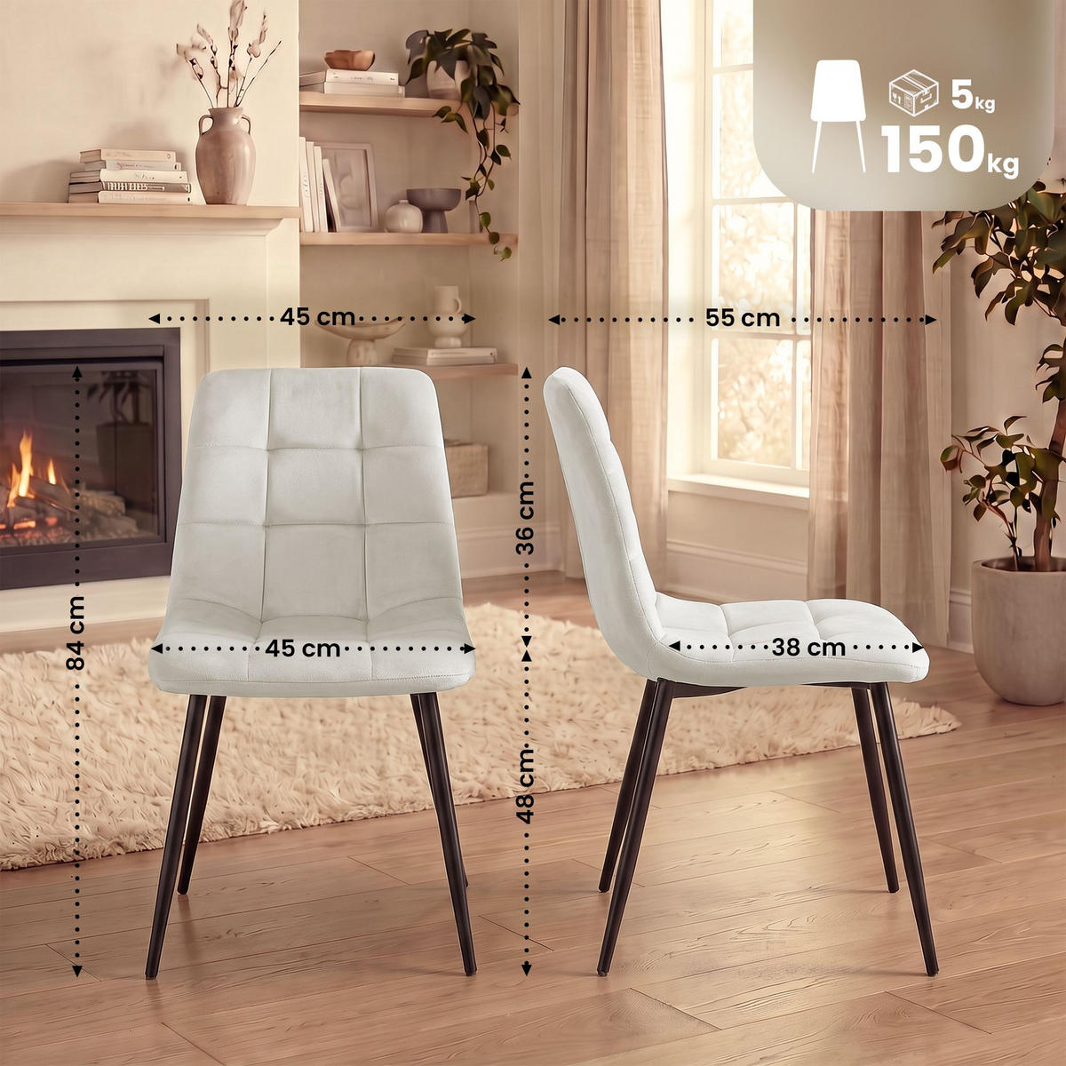 STUHL 4 Samt Cremeweiß - Schwarz/Weiß, Textil/Metall (45/84/55cm) - CLP