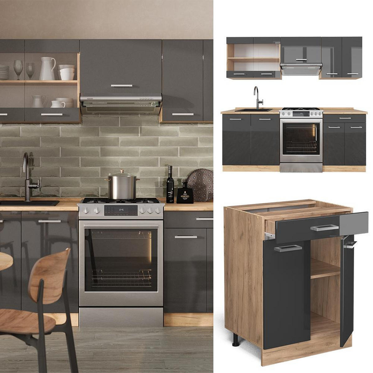 KITCHENETTE R-Line Antracit lucios/stejar Goldkraft 200 cm , AP Marmură - stejar miere/negru cu luciu intens, compozit lemnos (200/81.6/60cm) - Vicco