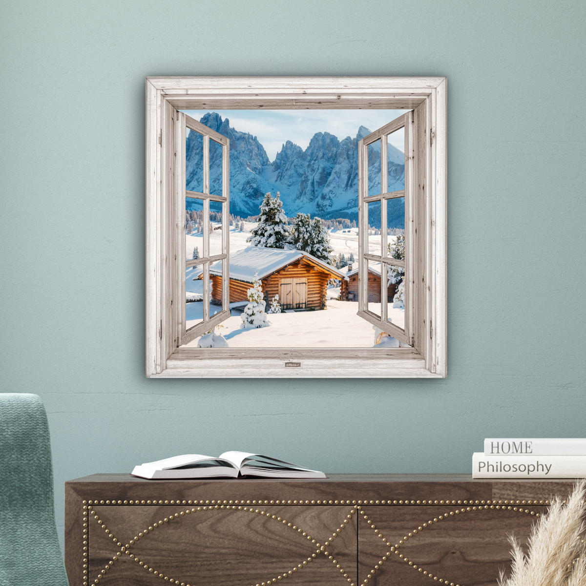 LEINWANDBILD Winterlandschaft - Hütte - Berge - Ausblicke - Aussicht - Natur 50x50 cm - Weiß Hochglanz, Textil (50/50cm) - MuchoWow