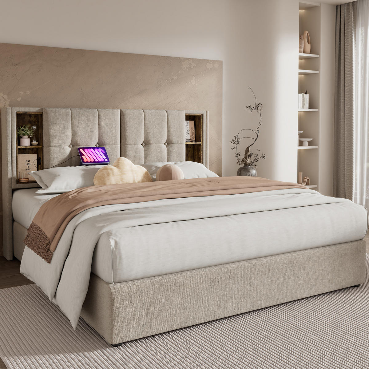 POLSTERBETT mit Stauraum und Ladestation 160x200 cm Leinen Natur - Beige, Metall (160/200cm) - Meubliv