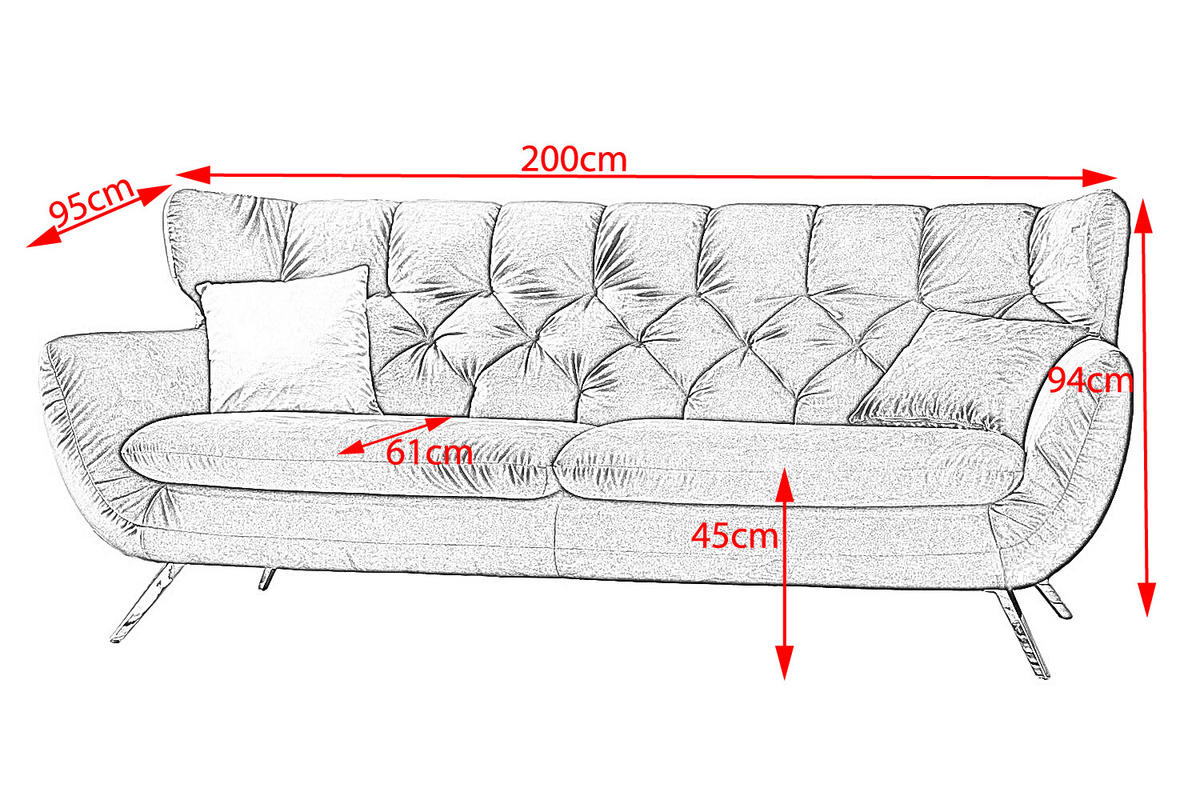 SOFA CHARME Schwarz Velvet - Silberfarben/Schwarz, Textil/Metall (200/94/95cm) - KAWOLA