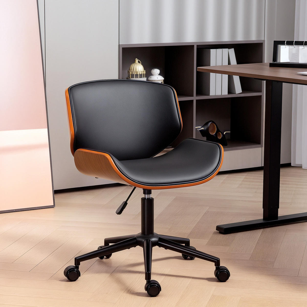 HOMEOFFICE Stuhl aus Kunstleder höhenverstellbar Drehstuhl bis 135 kg belastbar 52 x 54 x 74-84 cm Schwarz+Walnussbraun - Schwarz, Leder (52/84/54cm)