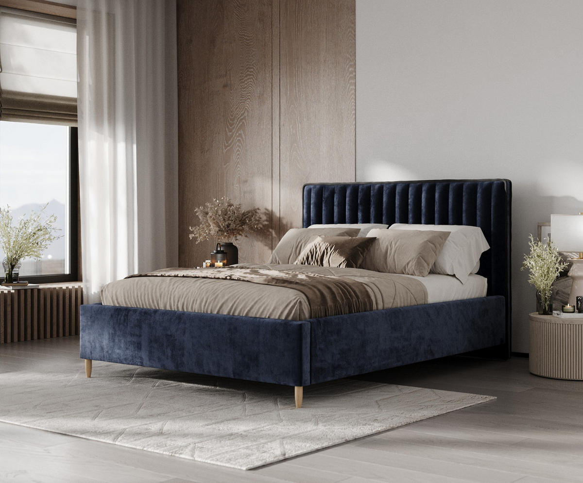 POLSTERBETT Aria 180/200 cm Marineblau im Lotta Stoff - Naturfarben/Dunkelblau, Holz/Holzwerkstoff (180/200cm) - AltaBeds