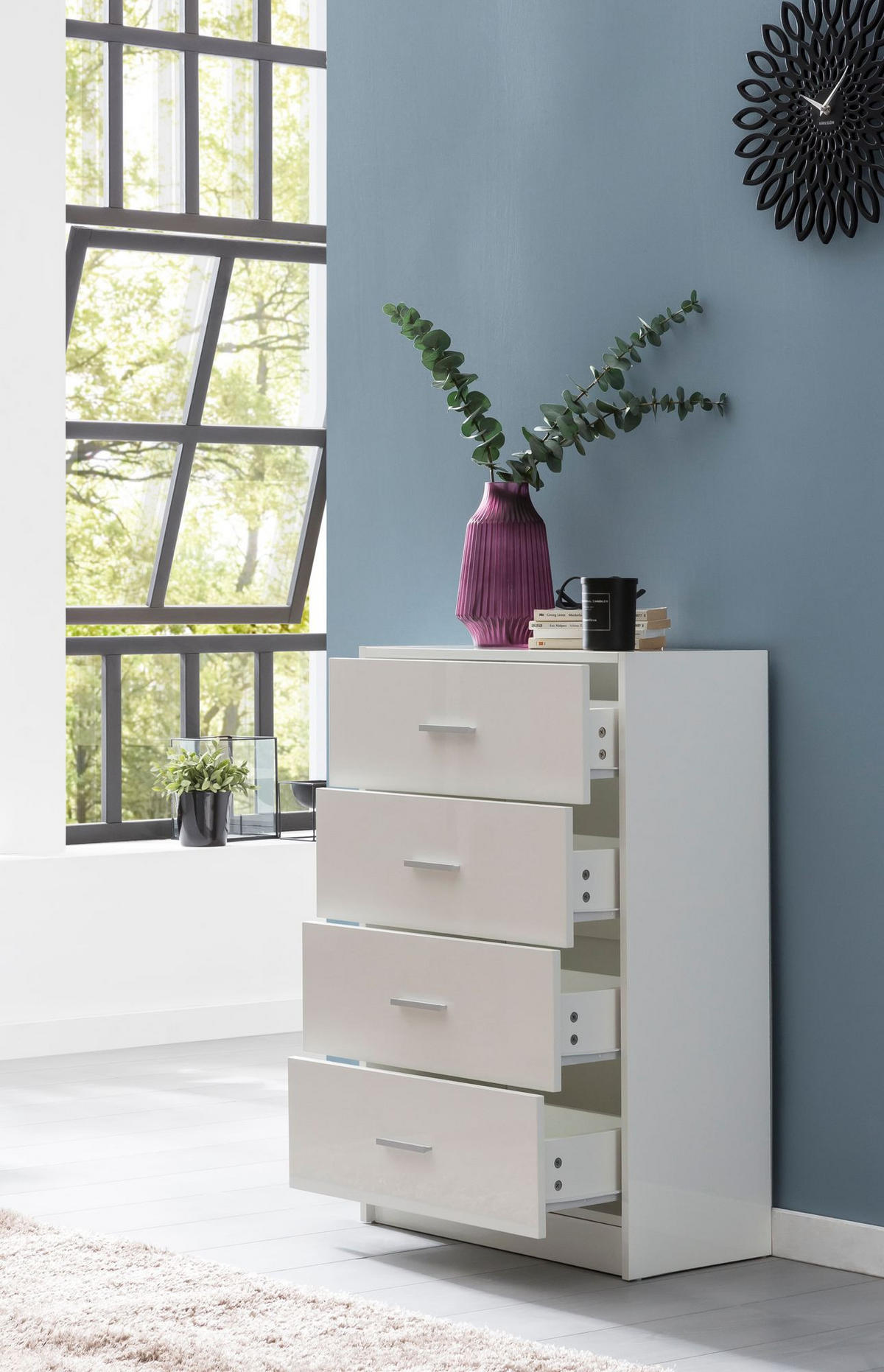 KOMMODE – Hochglanz, 4 Schubladen - Weiß, Holz/Metall (60/90/30cm) - KADIMA DESIGN