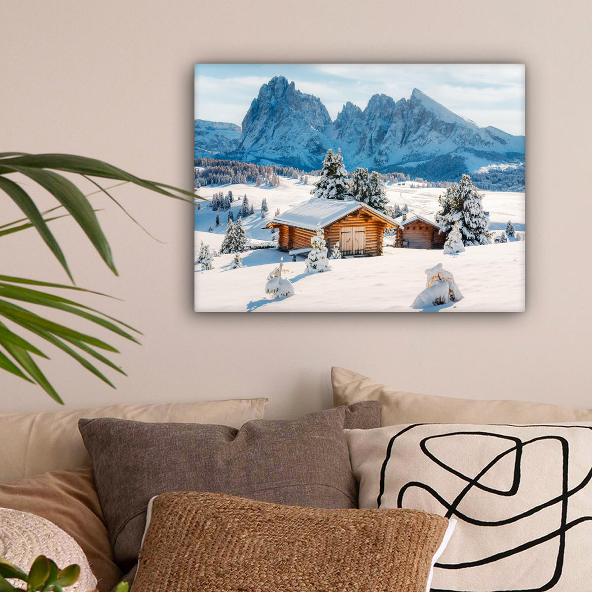 LEINWANDBILD Winter - Hütte - Berge - Aussicht - Schnee 40x30 cm - Eichefarben, Textil (40/30cm) - MuchoWow