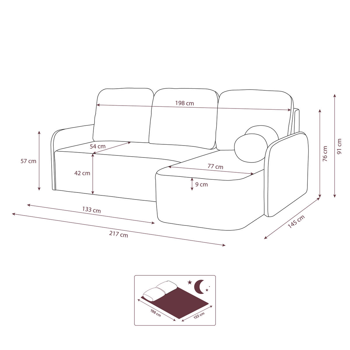 ECKSOFA CASPER L Rechts mit Schlaffunktion 132x198 Cord Grau - Schwarz/Grau, Holz/Kunststoff (145/217cm) - Muffo