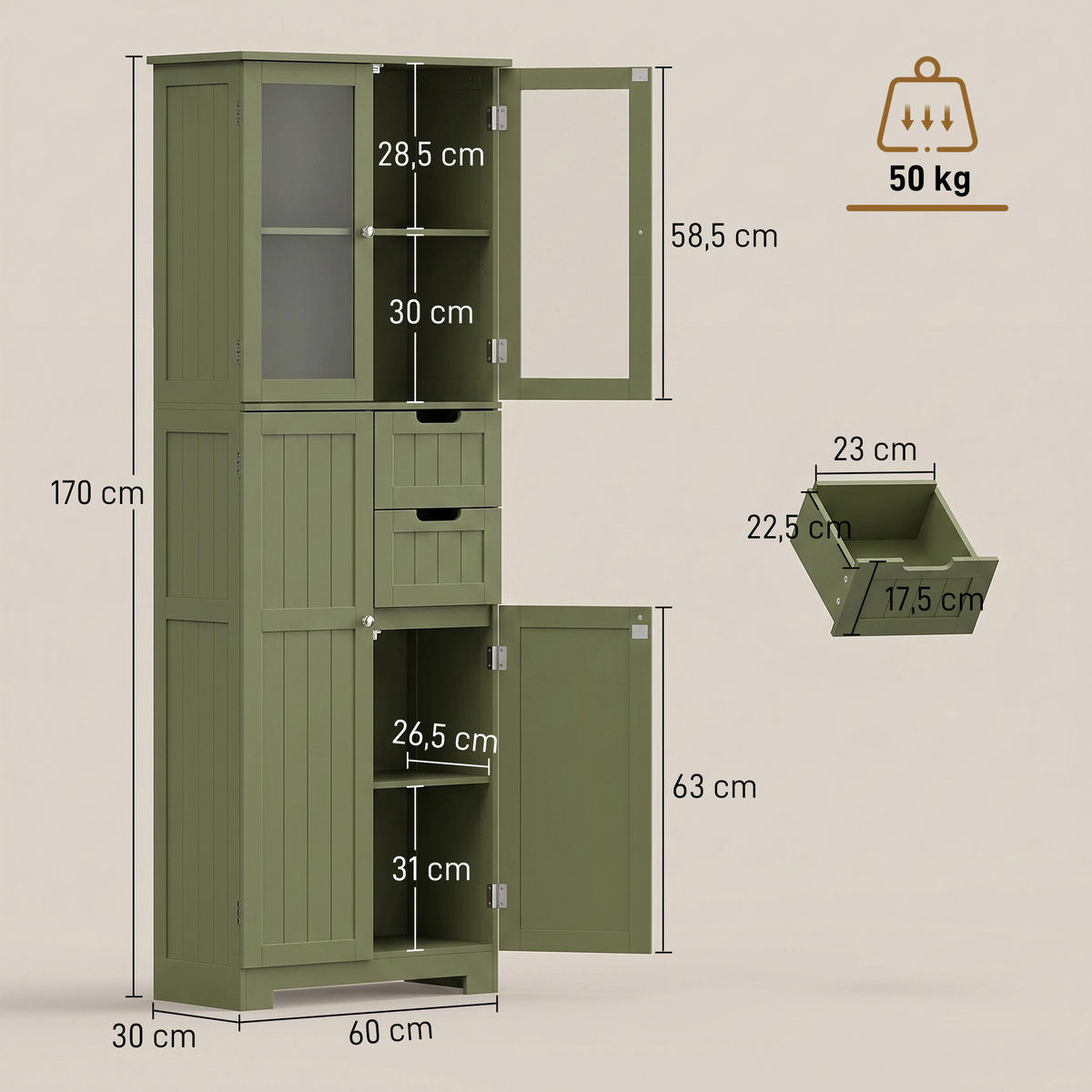 HOCHSCHRANK Grün 60/30/170 cm - Grün, Fell (30/170/60cm) - PANGIVO