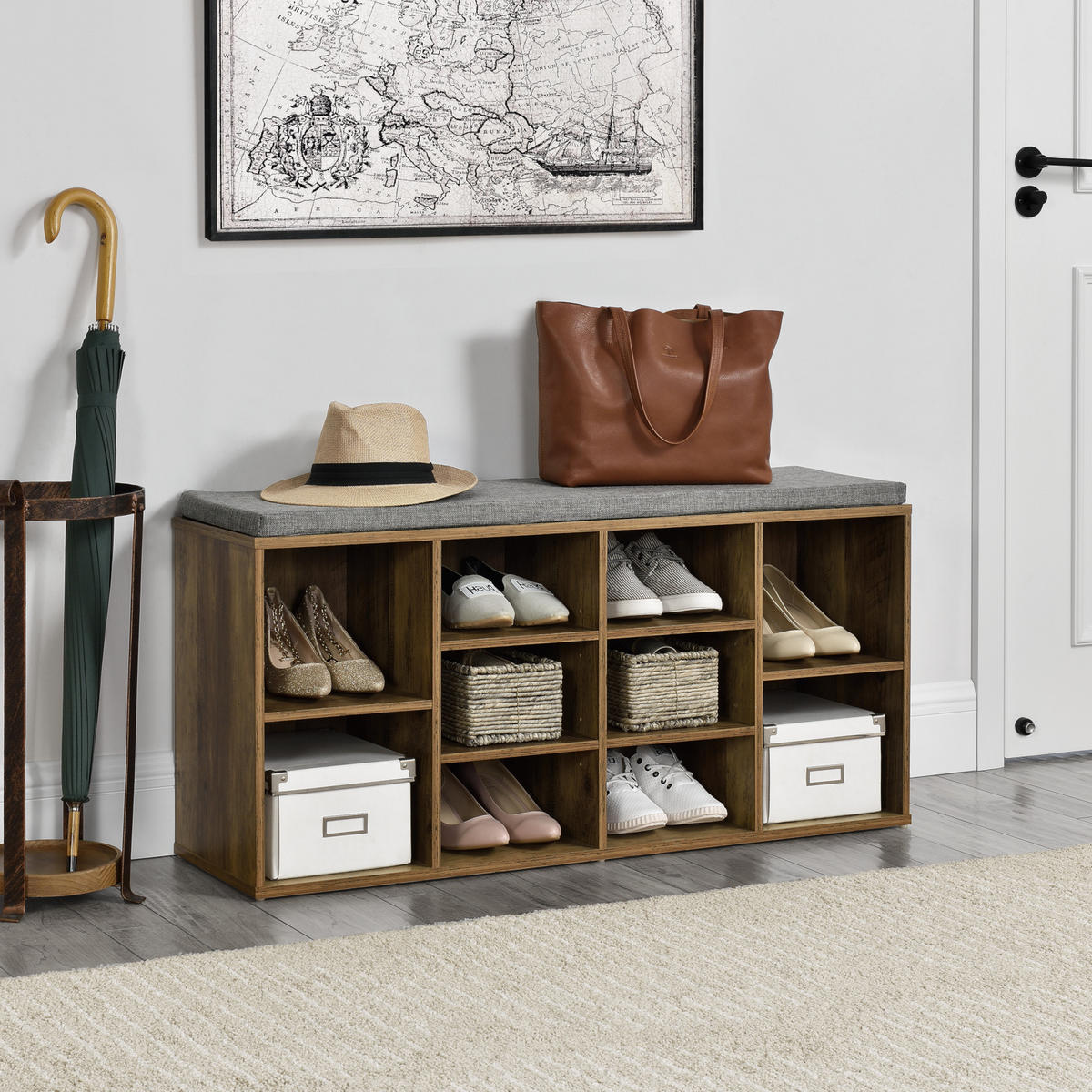 SCHUHBANK Leonidas - Braun, Holzwerkstoff/Textil (103/48/30cm) - [en.casa]