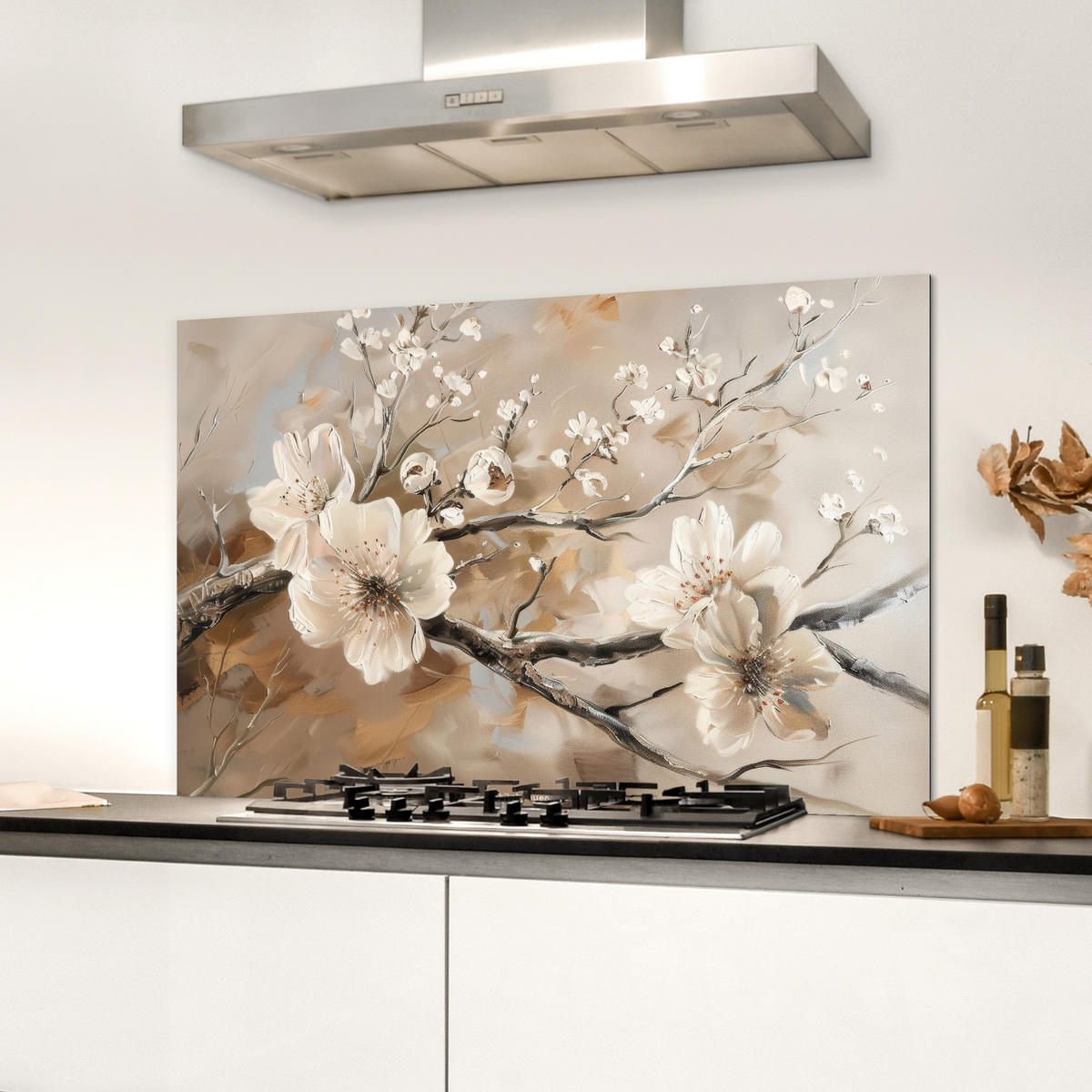 SPRITZSCHUTZ KÜCHE Blumen - Abstrakt - Gemalt - Beige 80x55 cm - Greige, Metall (80/0.3/55cm) - MuchoWow