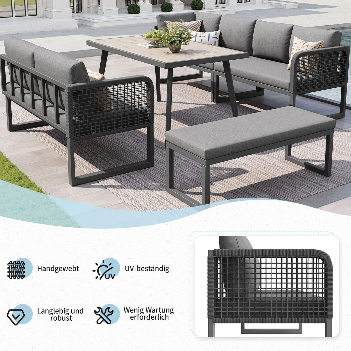 GARTENLOUNGE-SET aus PE-Rattan mit Tisch & waschbaren Kissen, 5-teilig, 121,5/61/77 cm, Grau - Grau, Kunststoff - Redom