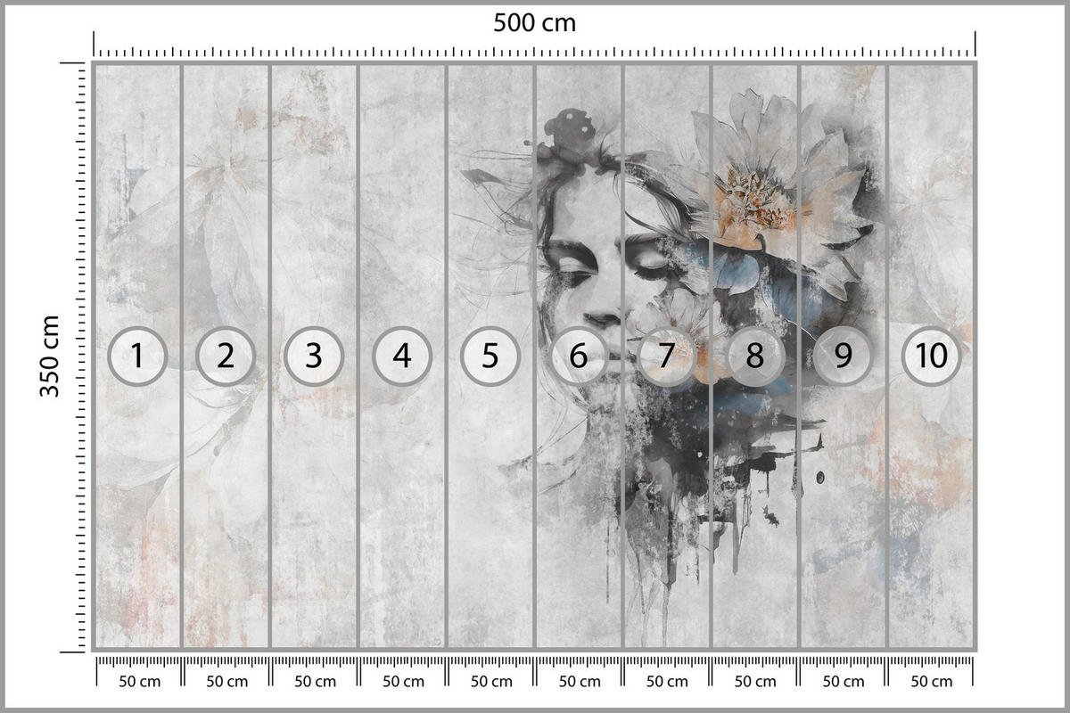 FOTOTAPETE für Wohnzimmer Gesicht Frau Grau Betonwand Blumen 500x350 - Grau, Papier (500/350cm) - Muralo