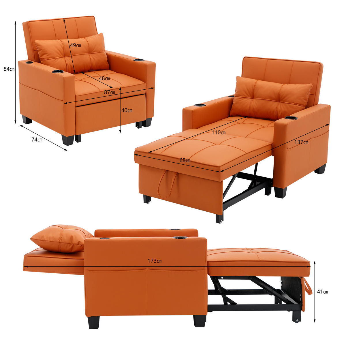 RELAXSESSEL 87/74/84 cm Orange mit Getränkehaltern und USB Anschluss - Orange, Textil (74/84/87cm) - Oxeza