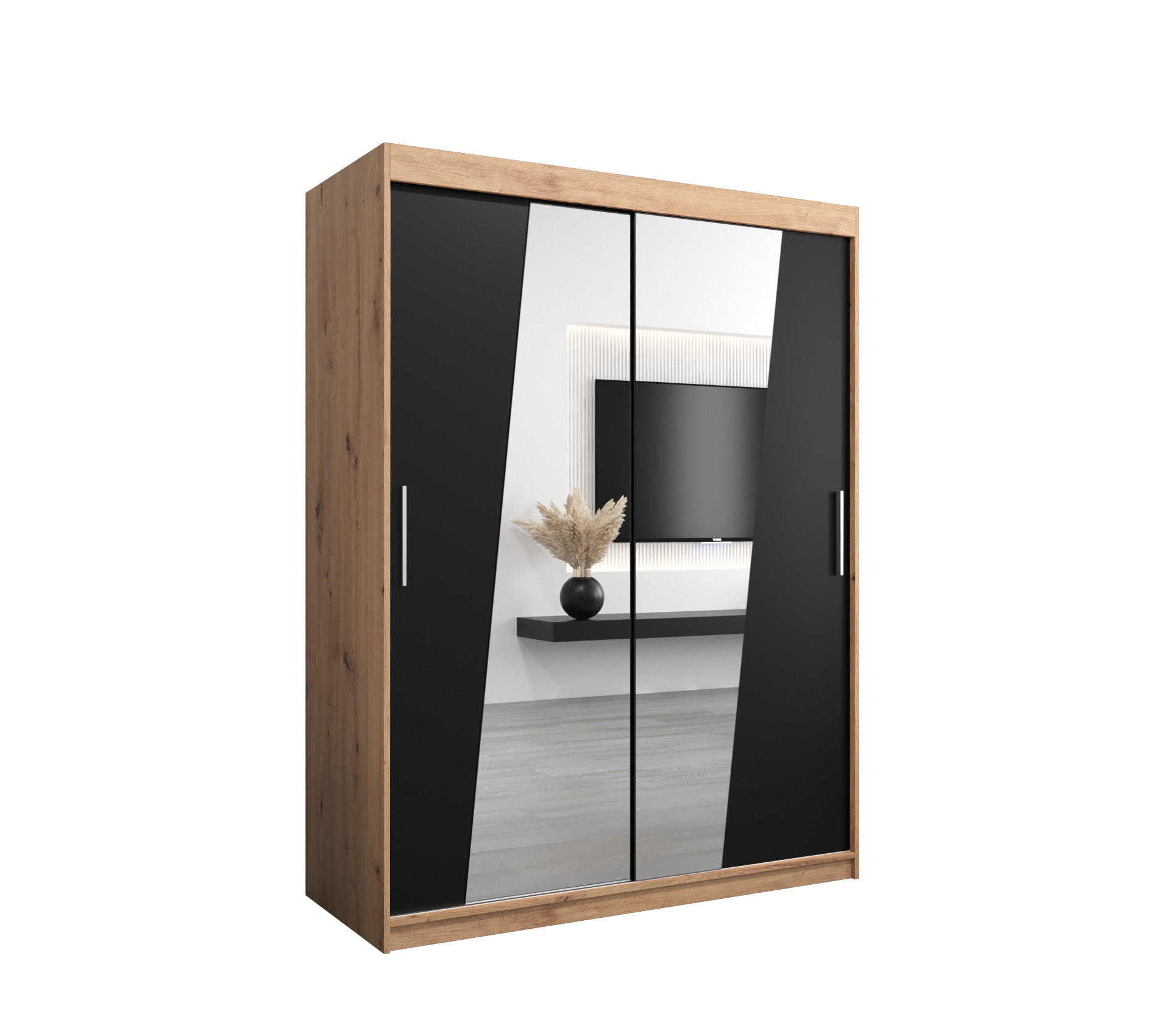 Abiks Möbel Schwebetürenschrank Eiche Artisan, Schwarz 150x200x62 cm