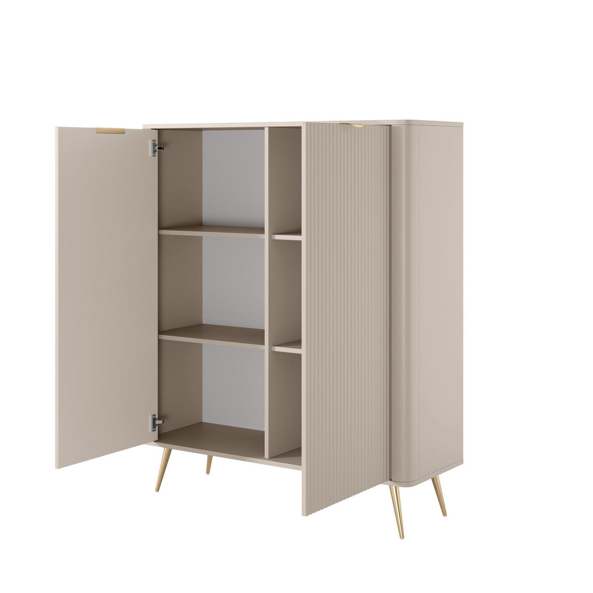 HIGHBOARD Flore Beige / Gold - 113 cm - mit geriffelten Fronten und 2 Türen - Beige/Gelb, Holz/Holzwerkstoff (113/134/38cm) - Ravio