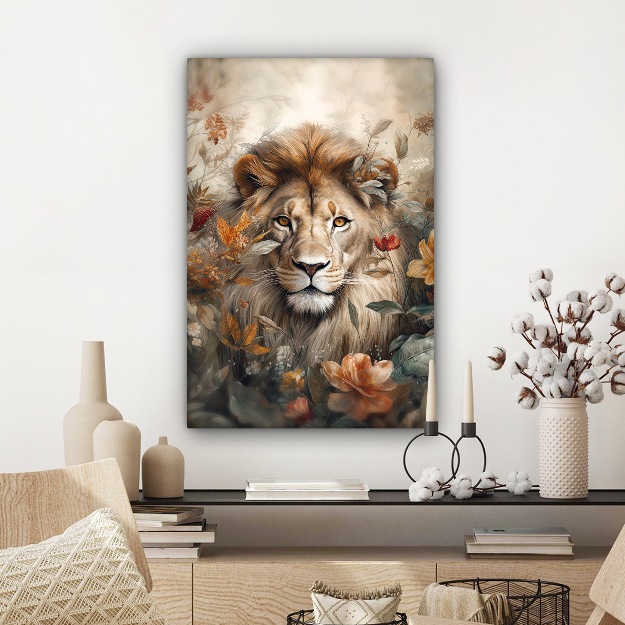 LEINWANDBILD Löwe - Wildtiere - Pflanzen - Natur - Blumen 60x90 cm - Beige, Textil (60/90cm) - MuchoWow