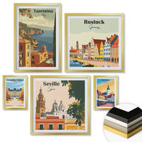 WANDBILDER 5er Set - 50x50 cm & 20x30 cm & 40x60 cm Goldrahmen - Retro-Stadtgrafiken - Goldfarben, Kunststoff (40/60cm) - ArtPrintCave