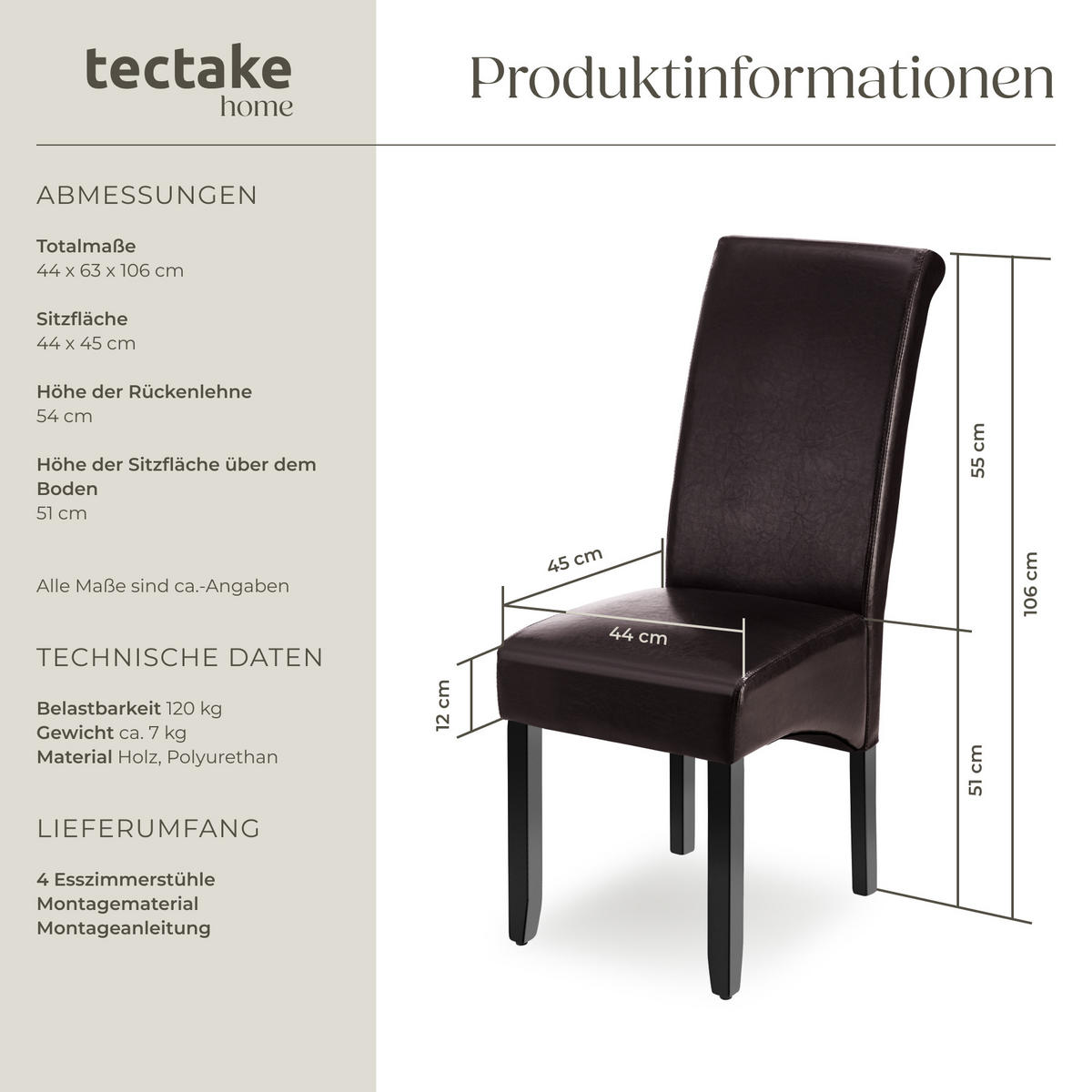 ESSZIMMERSTUHL 4er Set 44 x 63 x 106 cm braun - Dunkelbraun, Textil (44/106/45cm) - tectake