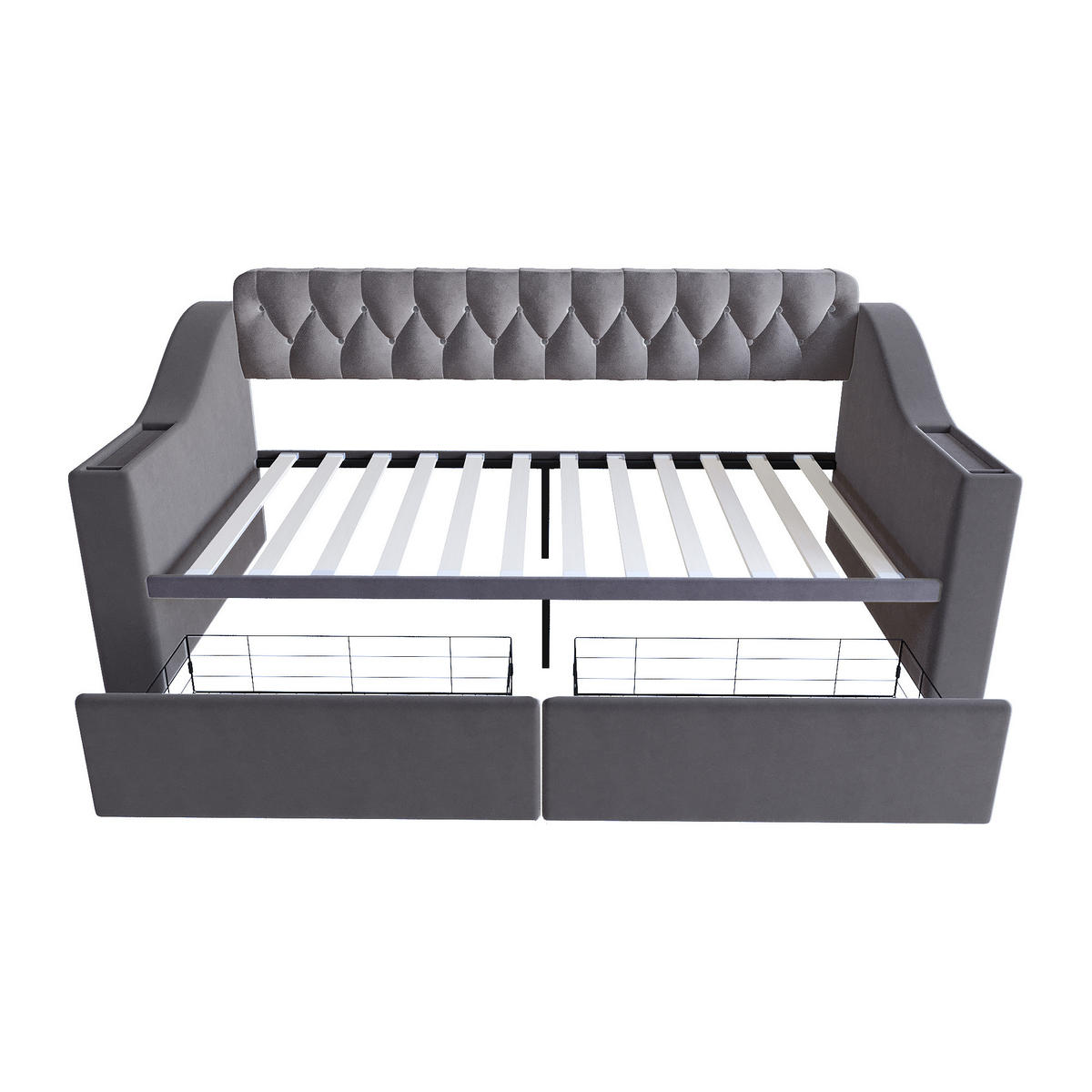 POLSTERBETT 90/190 cm Dunkelgrau aus Samt mit Stauraum und USB- und Type-C-Anschlüssen - Grau, Textil (90/190cm) - OKWISH