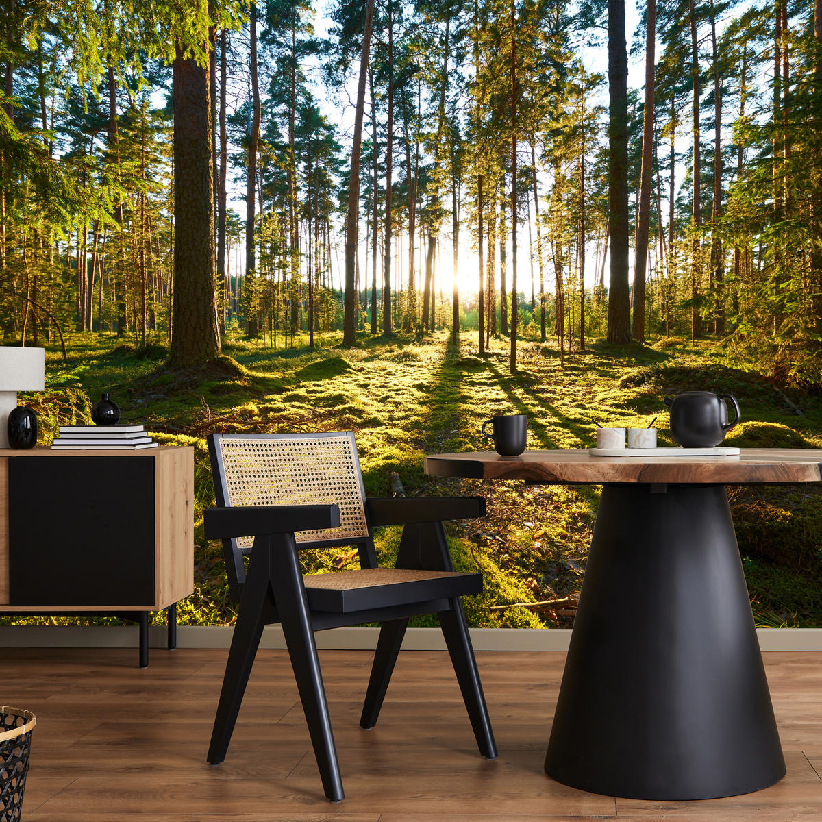 FOTOTAPETE für Küche Sonnenaufgang WALD Moss Bäume Sonnenstrahl 500x350 - Gelb/Braun, Papier (500/350cm) - Muralo