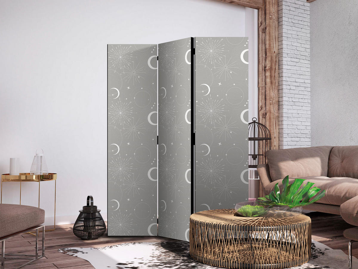 PARAVENT Beidseitig Bedruckter 3-tlg 135x172 cm Mond Sterne Boho Stil - Grau, Holz/Textil (135/172/3cm) - Muralo