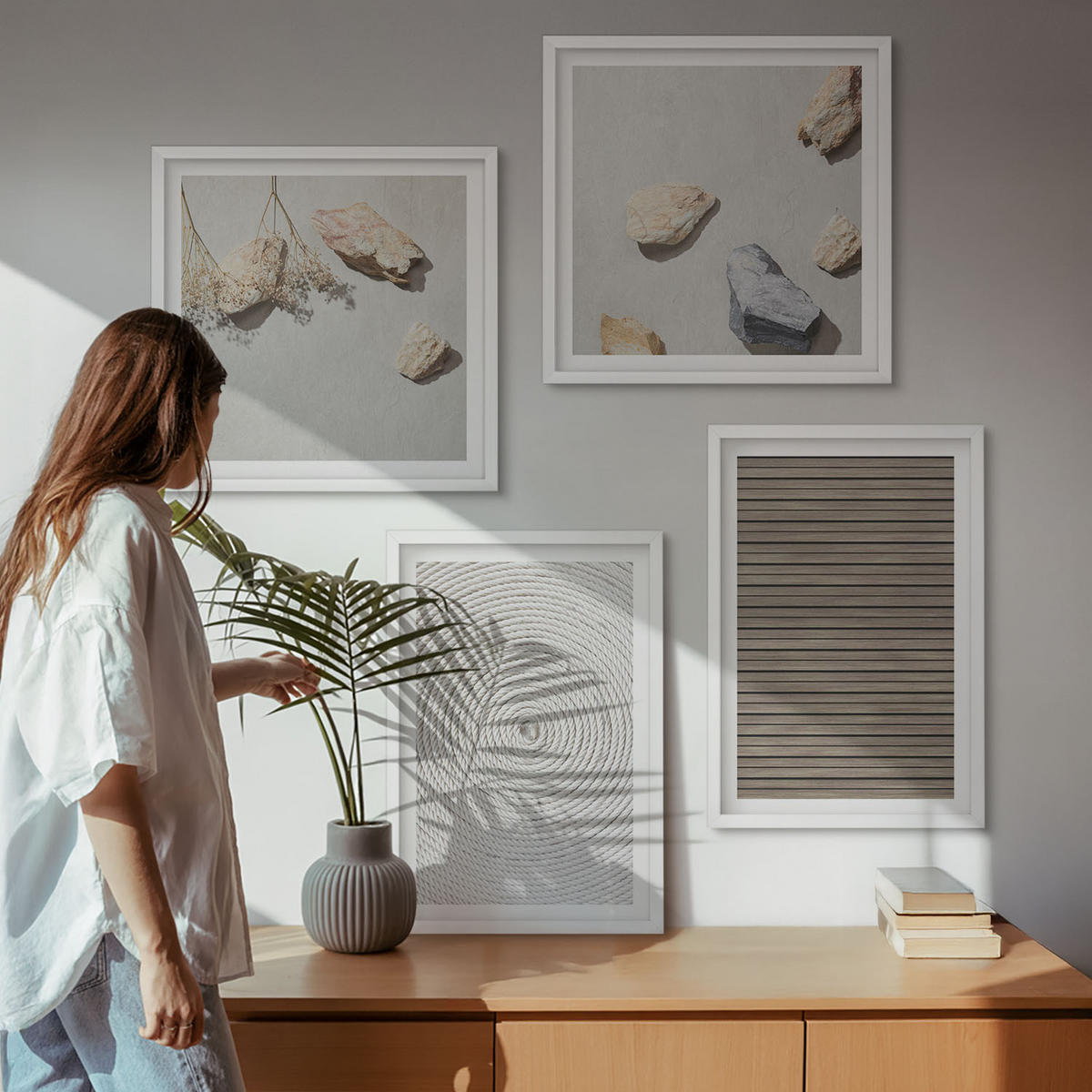 WANDBILDER 4er-Set - 50x50 cm & 40x60 cm Weißer Rahmen - Natürliche Texturen Holz Steine - Weiß, Kunststoff (50/50cm) - ArtPrintCave