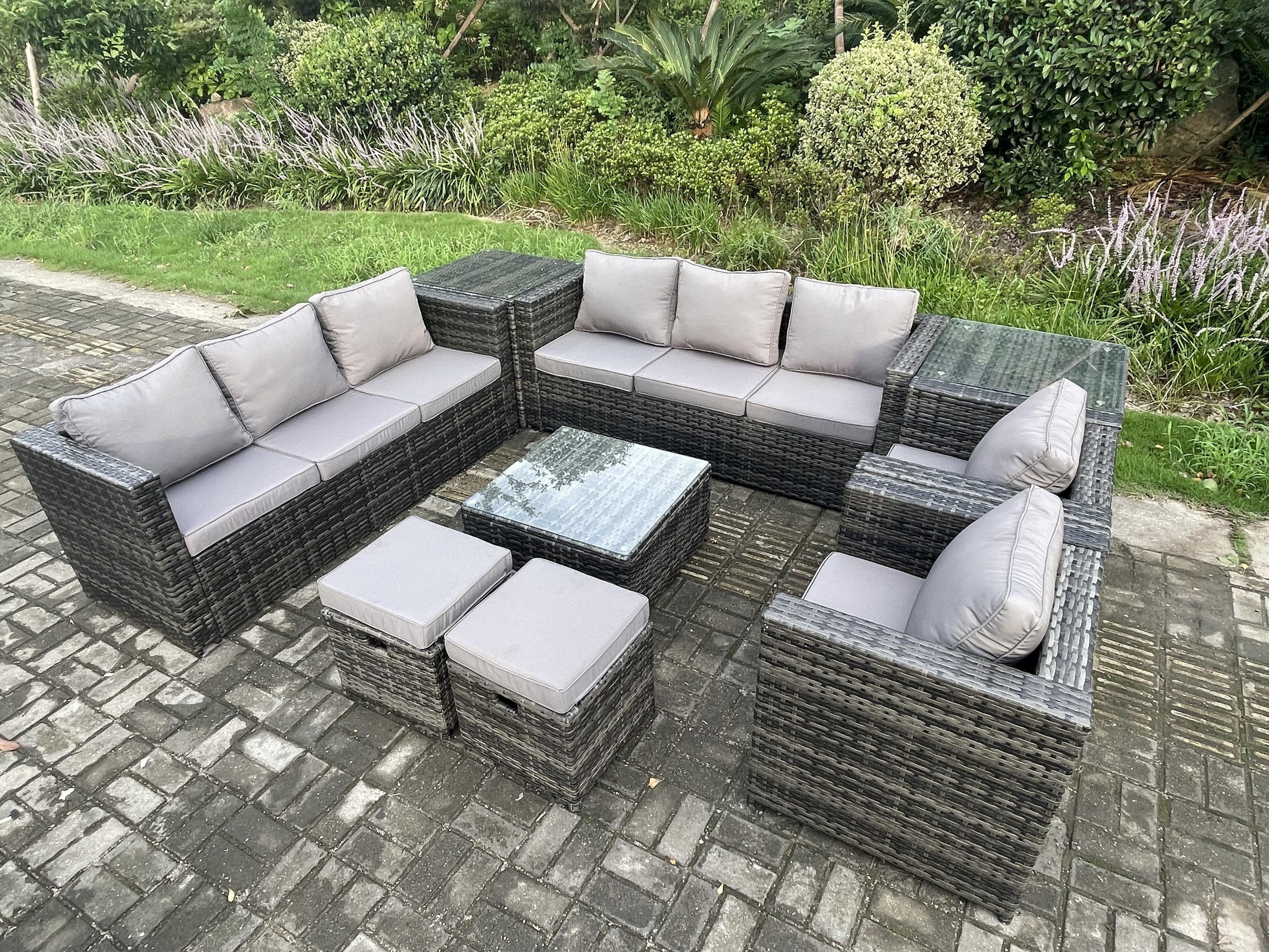 GARTENTISCHGRUPPE Polyrattan 10-Sitzer - Dunkelgrau, Metall - Fimous