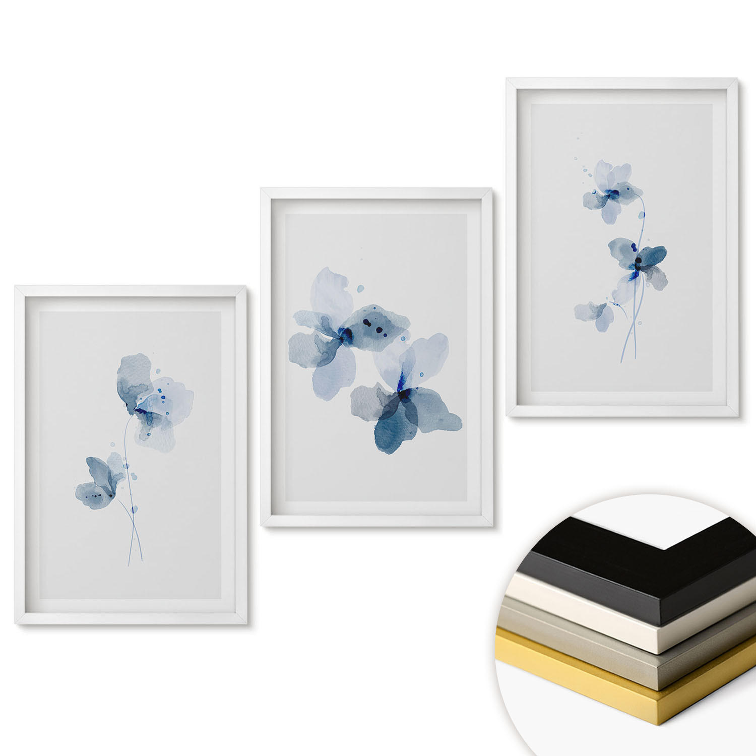 WANDBILDER 3er-Set - 40x60 cm Weißer Rahmen - Blaue Blumen - Weiß, Kunststoff (40/60cm) - ArtPrintCave