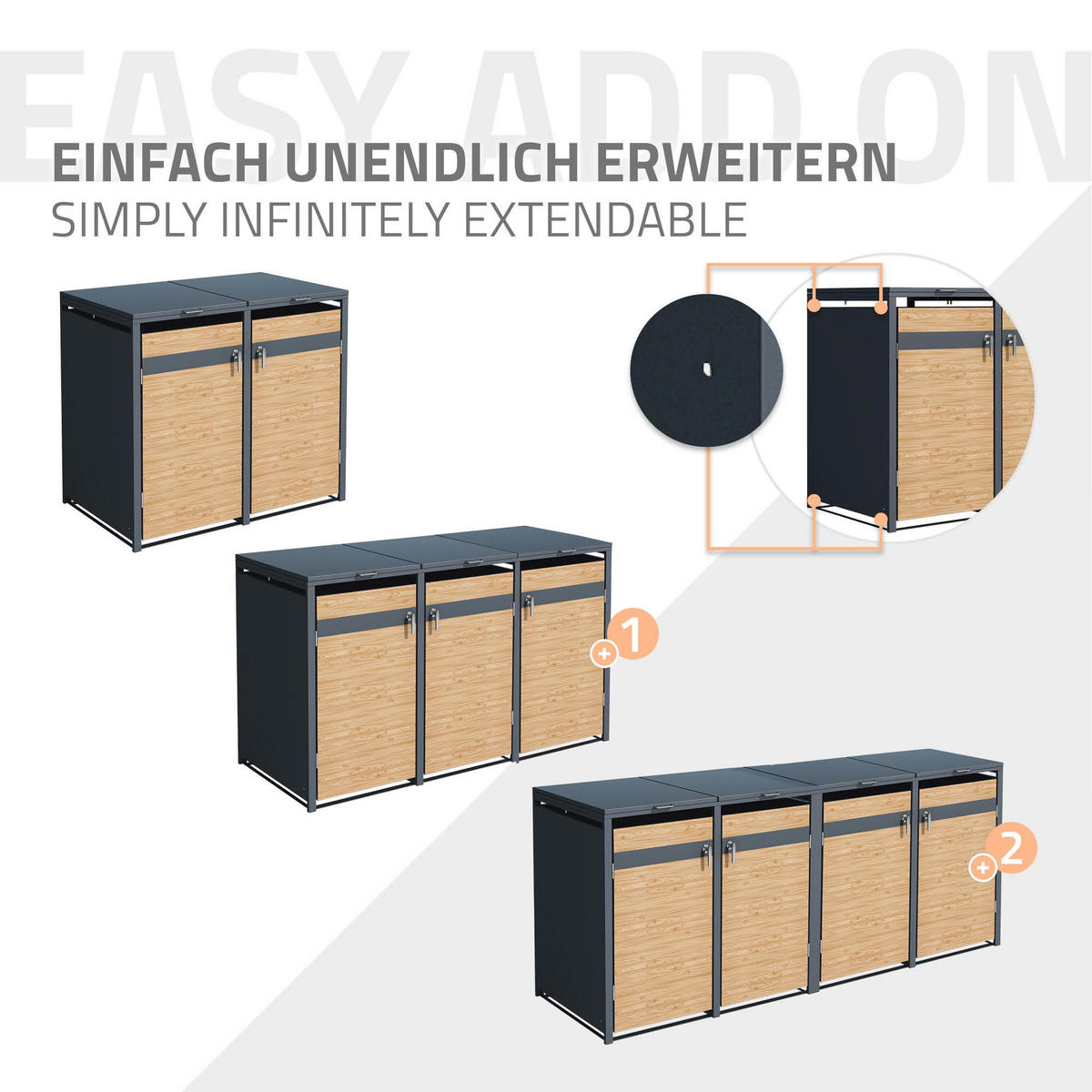 MÜLLTONNENBOX 2er Anthrazit-Lärchenoptik - Naturfarben, Metall (132/116.3/80cm) - ML-DESIGN