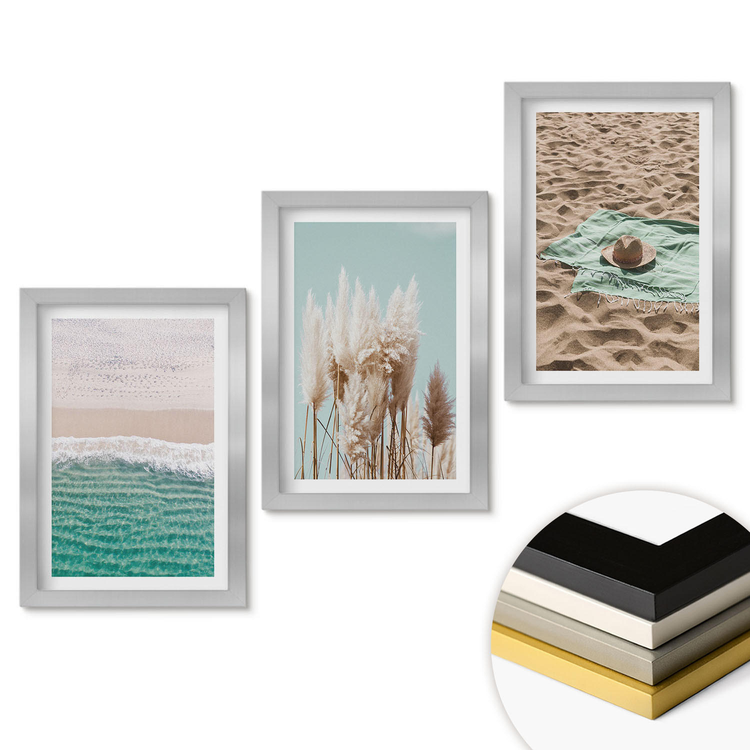 WANDBILDER 3er Set - 20x30 cm Silberner Rahmen - Strandwellen Grashut - Silberfarben, Kunststoff (20/30cm) - ArtPrintCave