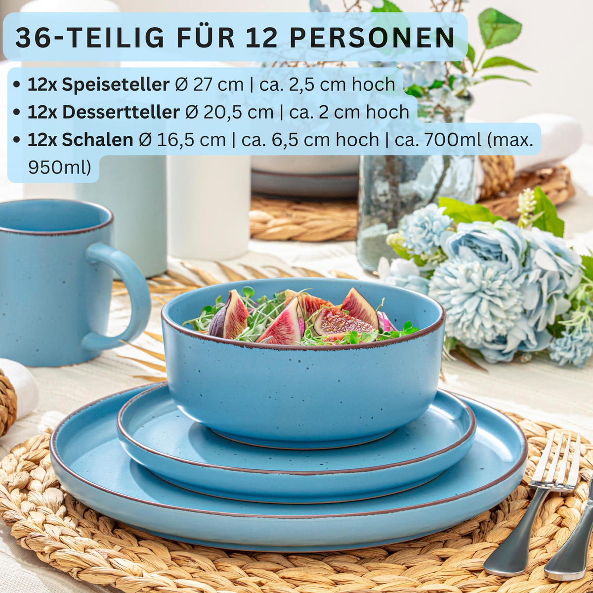 TAFELSERVICE BOMBAY SAPHIR - 36 teilig aus Steingut 12 Personen - Blau, Stein (50/30/80cm) - Sänger