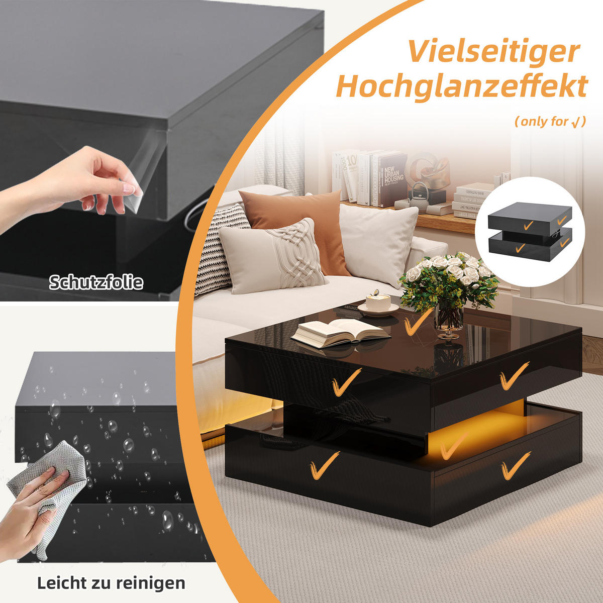 COUCHTISCH DE-132 Anhebbar Schwarz mit LED-Lichtleiste - Schwarz, Holzwerkstoff (65/65/39cm) - ComfortXL