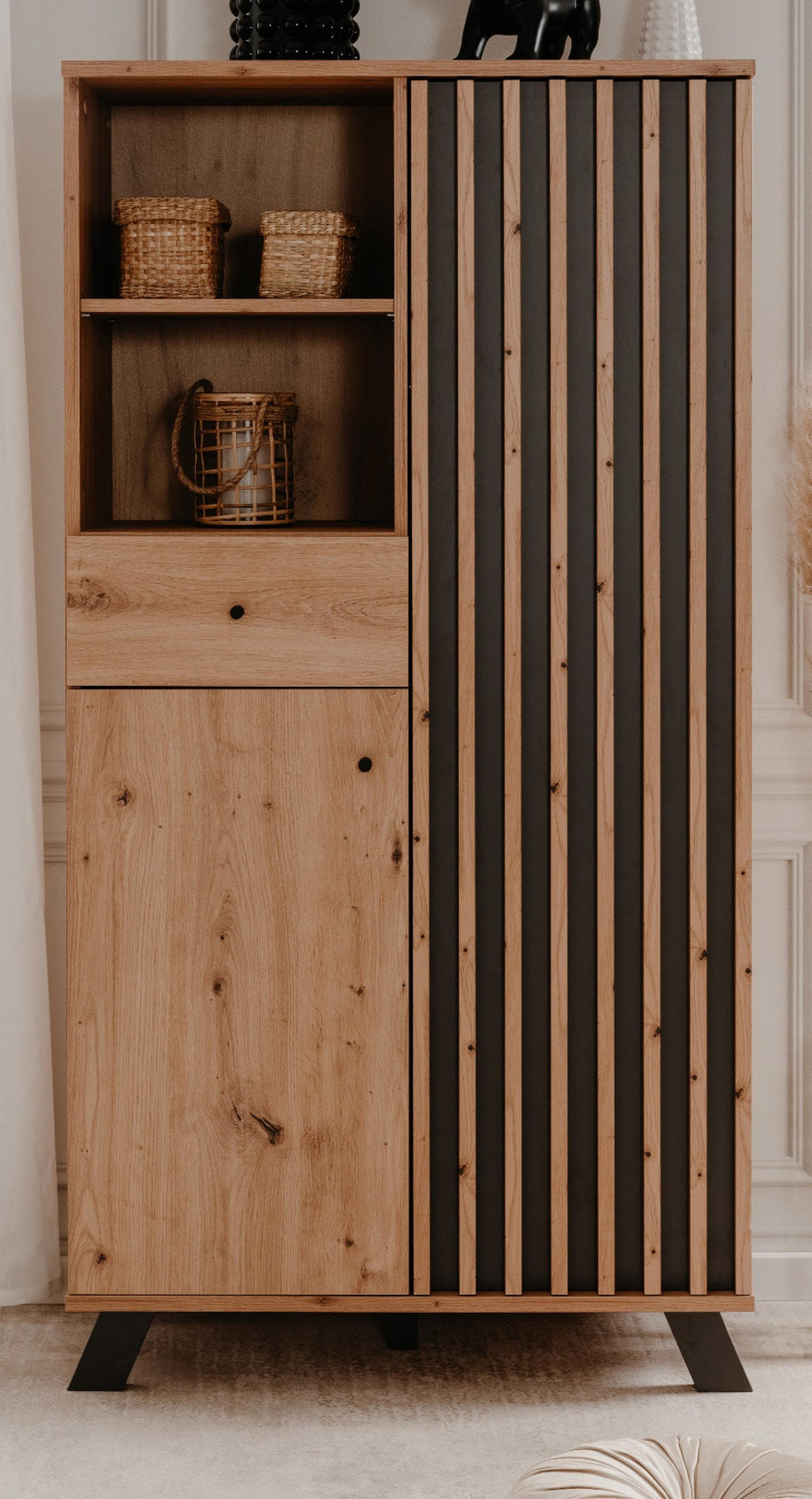 HIGHBOARD Eiche Artisan, grau 80 cm Industrial, Anrichte mit 3D-Lamellen - Anthrazit/Schwarz, Holzwerkstoff/Metall (80/156/40cm) - Furn.Design