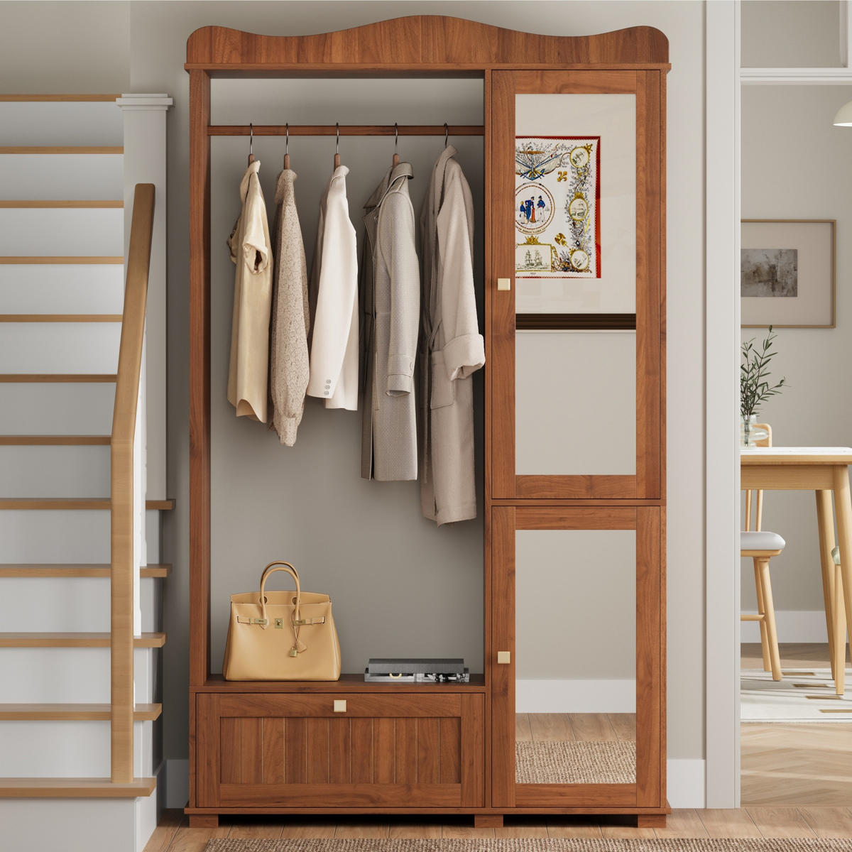 GARDEROBENSCHRANK Spiegel Kleiderstange Schublade - Nussbaumfarben, Holz (115.5/194.5/38.5cm) - LEBENLANG