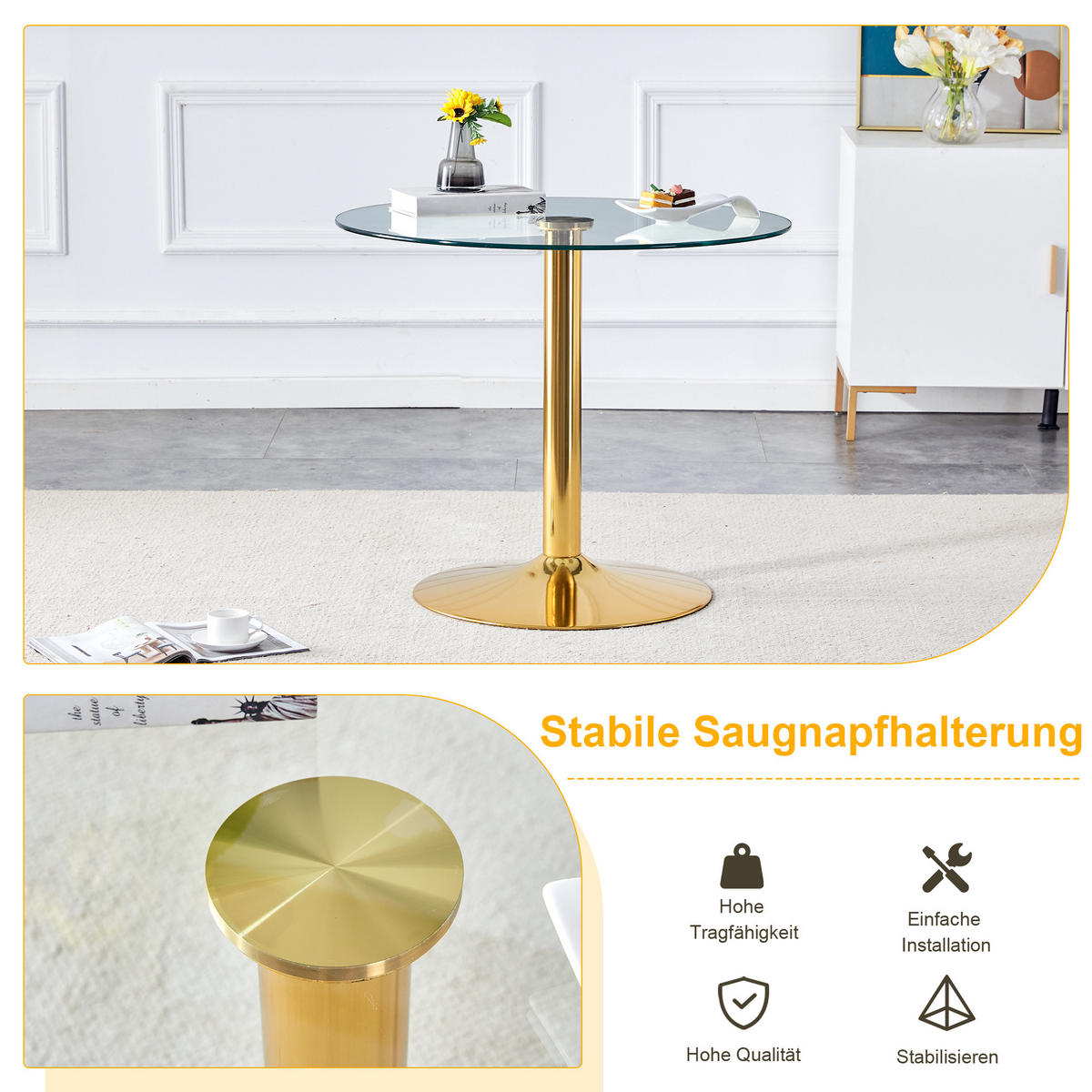 BAROVÝ stůl 85/85/76 cm se skleněnou deskou a kovovou podnoží, Zlatá, Transparentní - zlatá, kompozitní dřevo (85/85/76cm) - Redom
