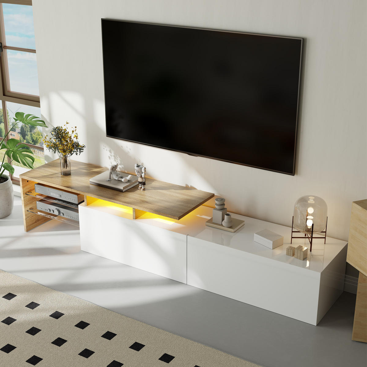 TV-LOWBOARD aus Spanplatte 170x33x33,5 cm Weiß/Natur mit LED-Beleuchtung und Glasböden - Weiß, Holzwerkstoff (170/33.5/33cm) - IVMEU