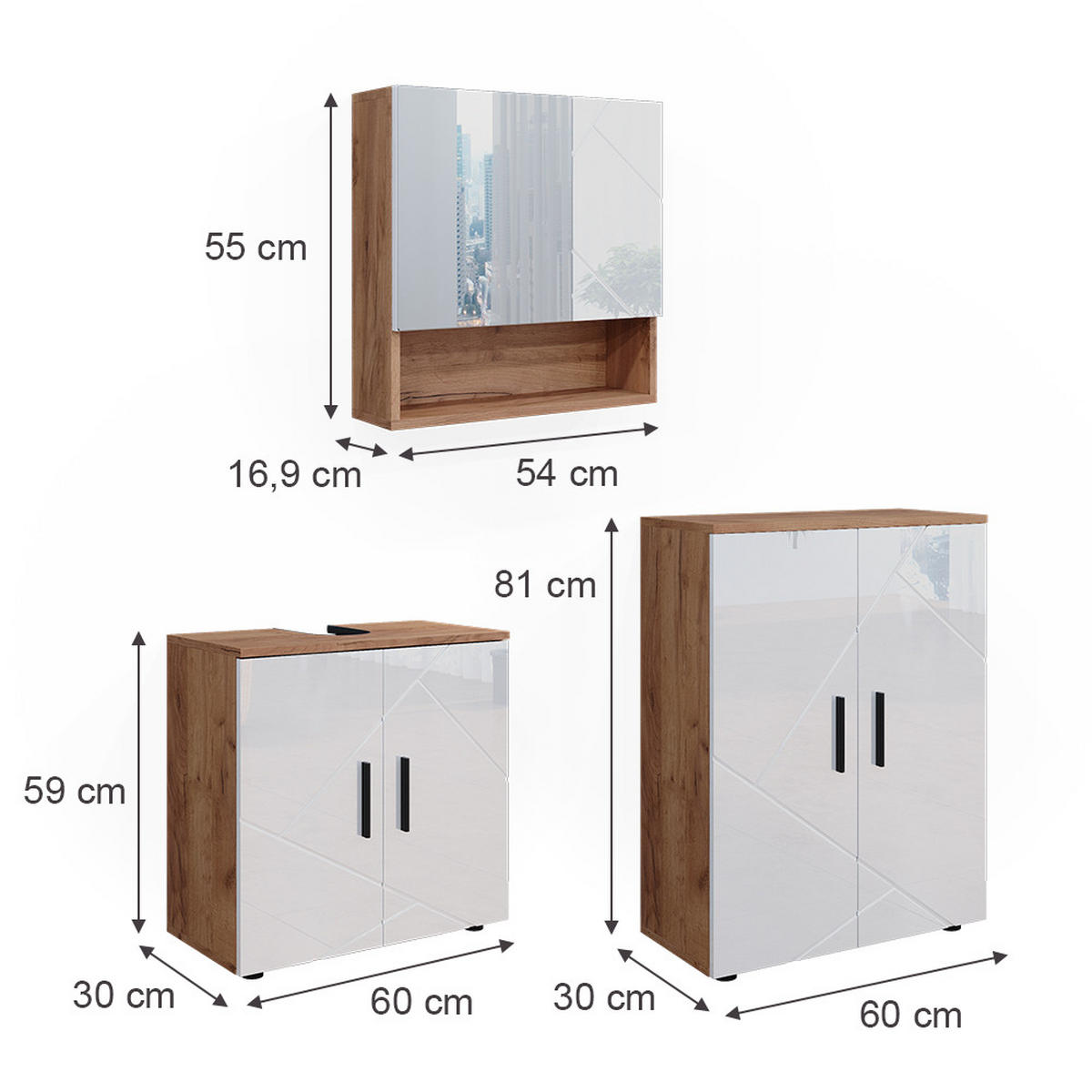 BADMÖBEL-SET Irma Weiß Hochglanz/Goldkraft Eiche 3 Teile mit Unterschrank 60 cm - Weiß Hochglanz/Eiche Wotan, Holzwerkstoff (80/58.6/41cm) - Vicco