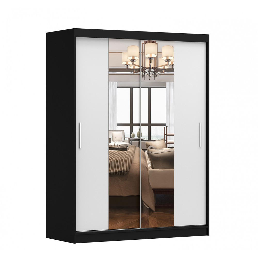 SCHWEBETÜRENSCHRANK Vista 01 Schwarz/Weiß + Spiegel, mit LED- Beleuchtung 150 cm - Alufarben/Schwarz, Glas/Holzwerkstoff (150/200/61cm) - imoebel24