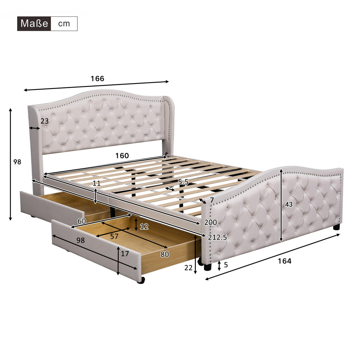 POLSTERBETT 160/200 cm weiß mit Lattenrost und 2 Schubladen - Weiß, Kunststoff (160/200cm) - OKWISH