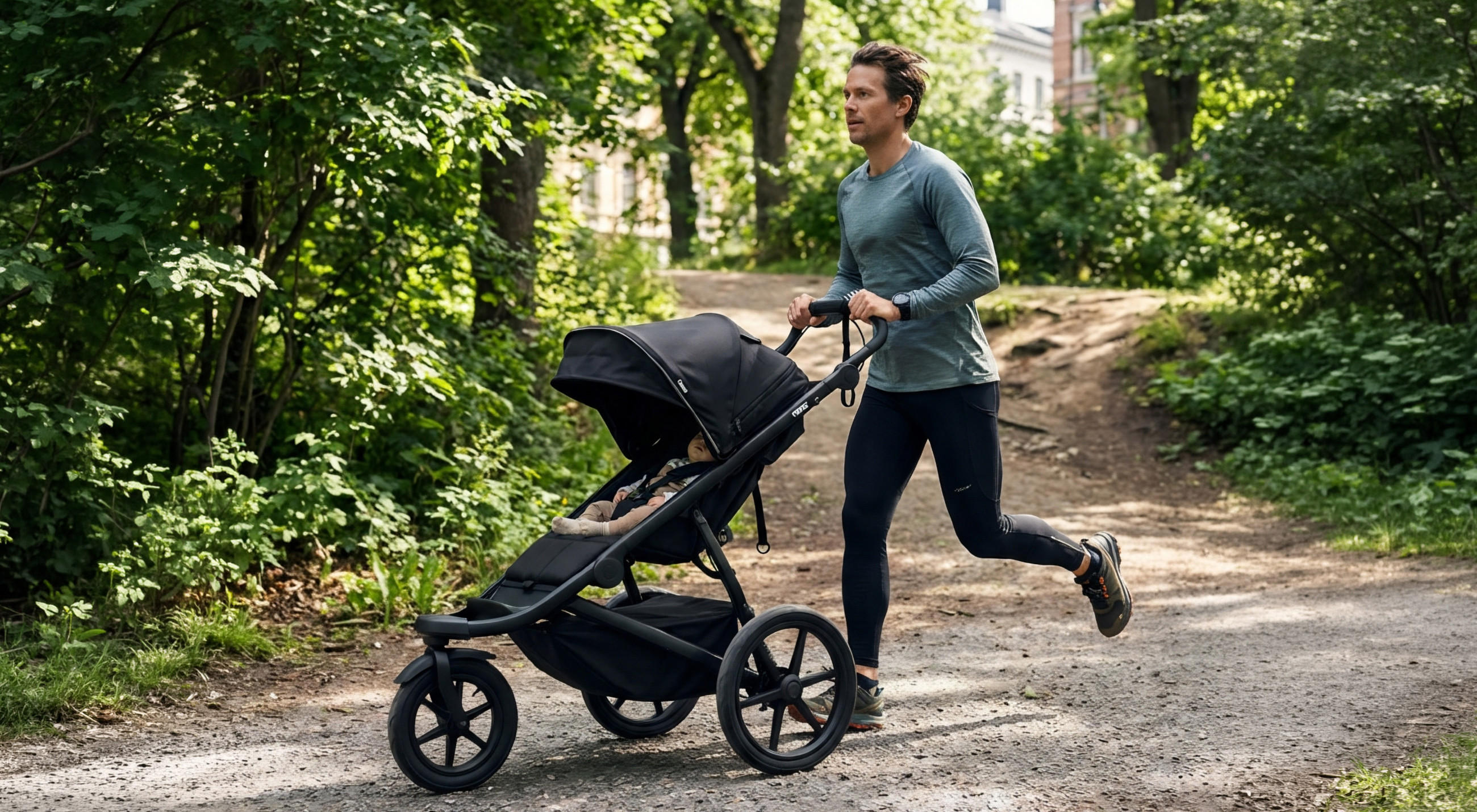Person joggt mit Kinderwagen auf einem Waldweg.
