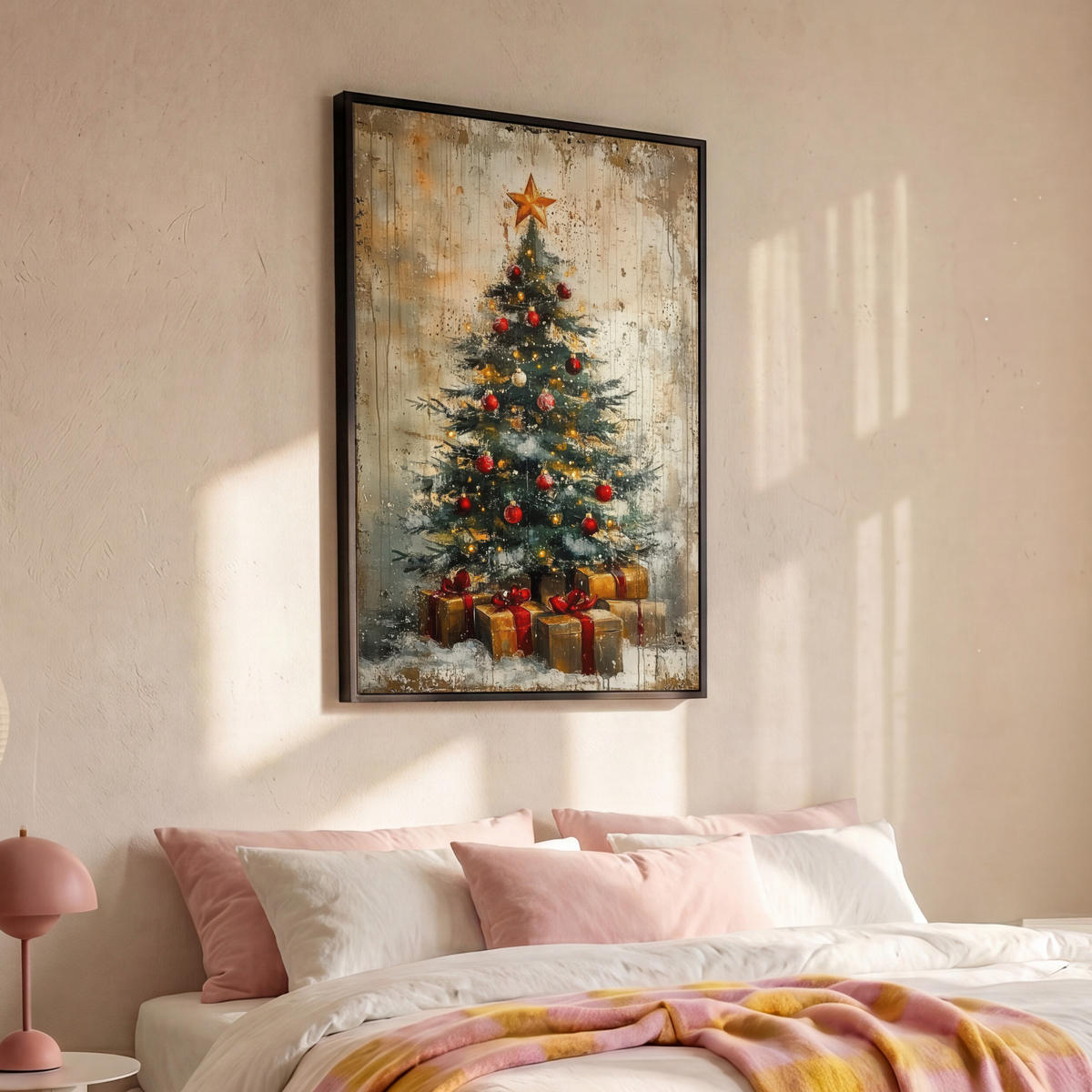 LEINWAND Bilder mit Rahmen - Weihnachtsbaum - Vintage - Weihnachten - Geschenk - 80x120 - Rostfarben, Textil (80/120cm) - MuchoWow