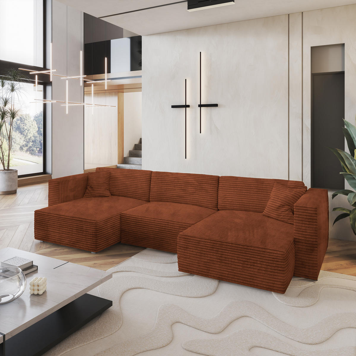 WOHNLANDSCHAFT SARMO Braun Kordstoff mit Schlaffunktion - Braun, Holz (347/90/148cm) - MASSENO